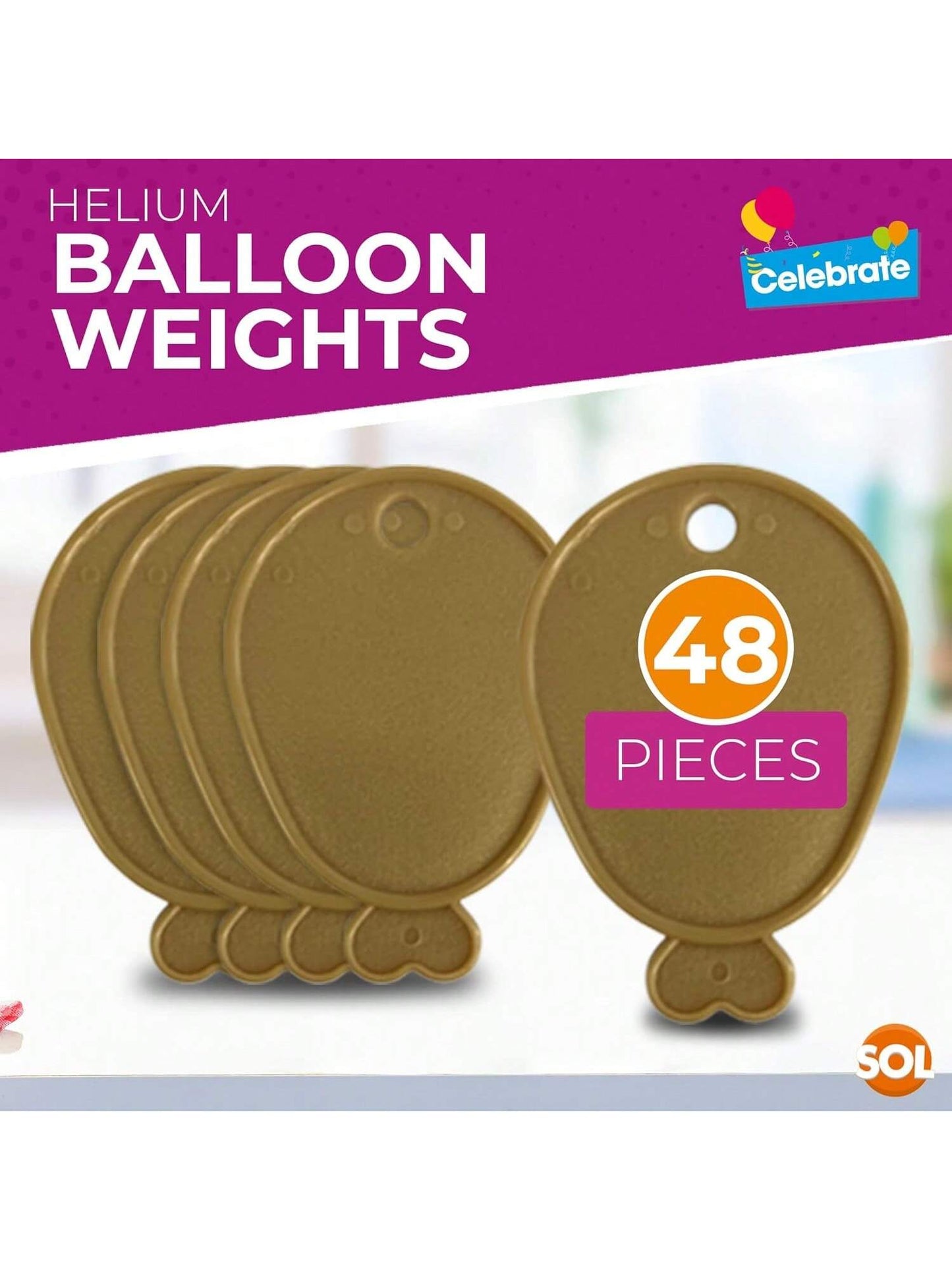 SOL 48pk Helium Balloon Weights - Gold Plastic Party Accessories - Perfect For Securing Balloons At Birthdays, Weddings, New Year - Heavy Duty 205g Weights For Decorations And Large Celebrations