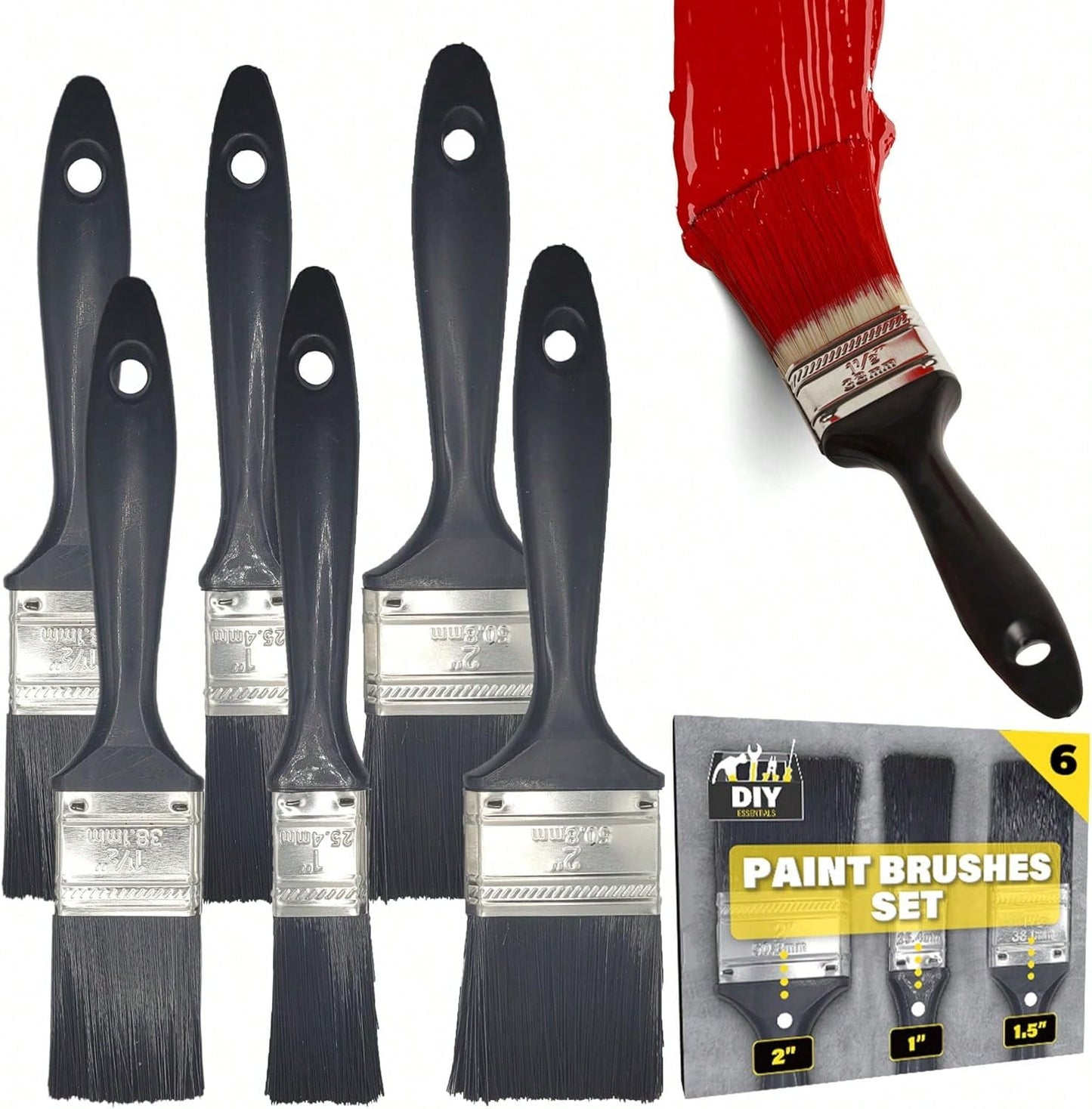 SOL 6pk Paint Brushes Set - 1", 1.5", 2" Paint Brushes Decorating Set - Ideal For DIY - Multipurpose, Interior And Exterior Painting, No Bristle Loss, Wood Wall Ceiling Cutting In