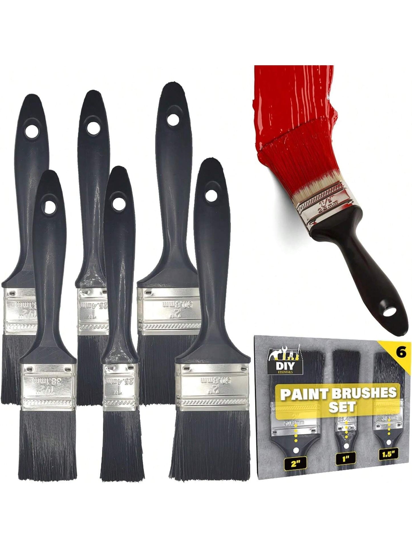 SOL 6pk Paint Brushes Set - 1", 1.5", 2" Paint Brushes Decorating Set - Ideal For DIY - Multipurpose, Interior And Exterior Painting, No Bristle Loss, Wood Wall Ceiling Cutting In