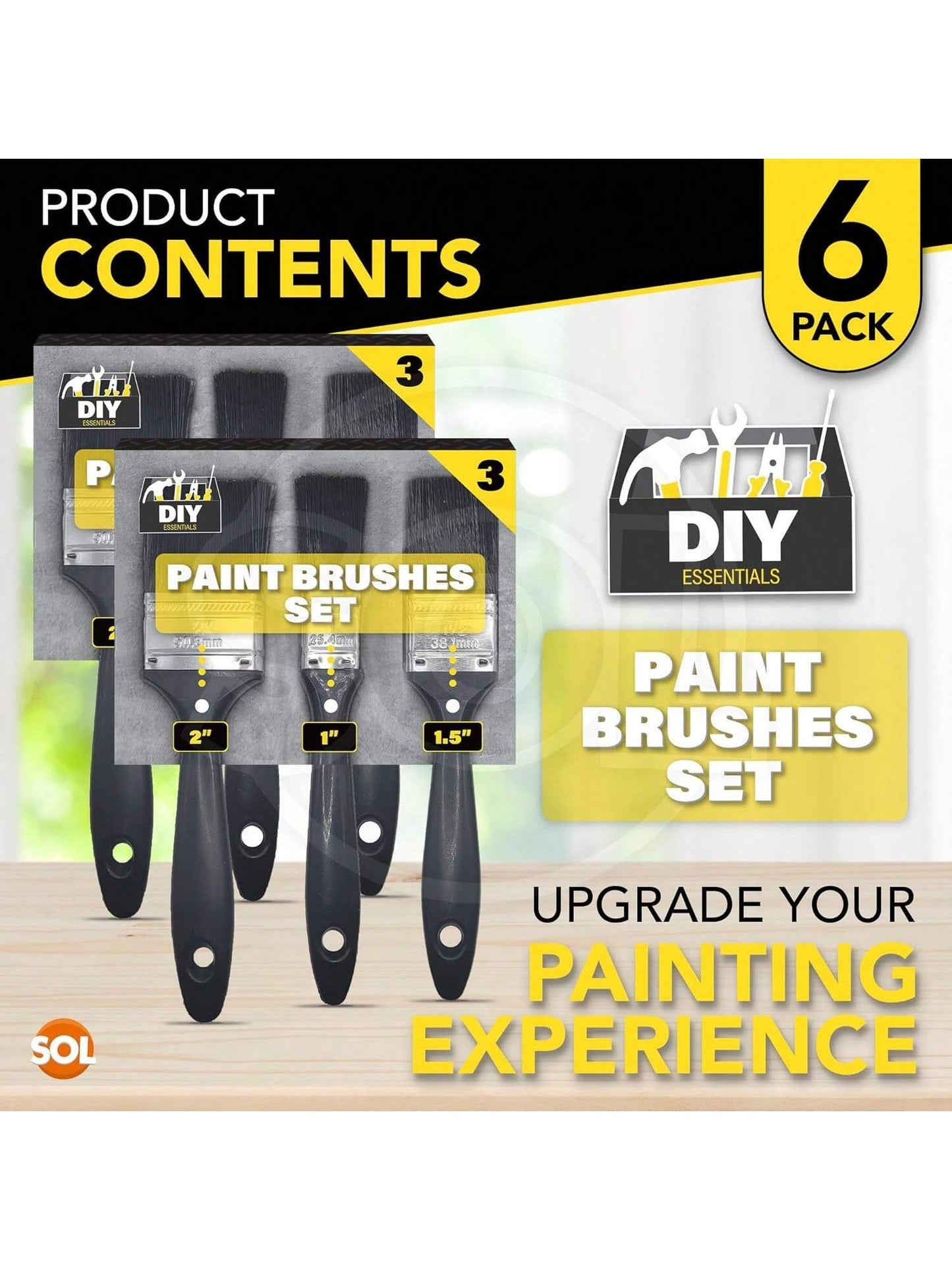 SOL 6pk Paint Brushes Set - 1", 1.5", 2" Paint Brushes Decorating Set - Ideal For DIY - Multipurpose, Interior And Exterior Painting, No Bristle Loss, Wood Wall Ceiling Cutting In