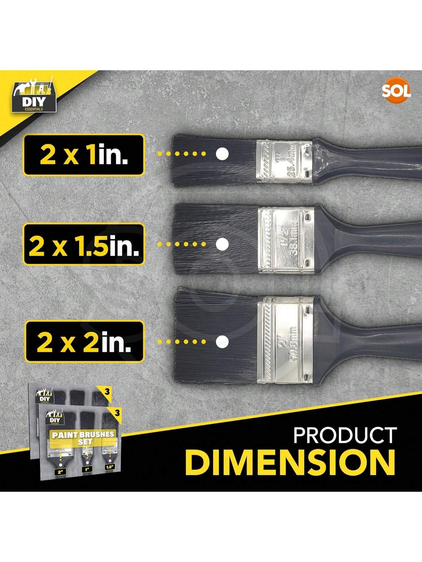SOL 6pk Paint Brushes Set - 1", 1.5", 2" Paint Brushes Decorating Set - Ideal For DIY - Multipurpose, Interior And Exterior Painting, No Bristle Loss, Wood Wall Ceiling Cutting In