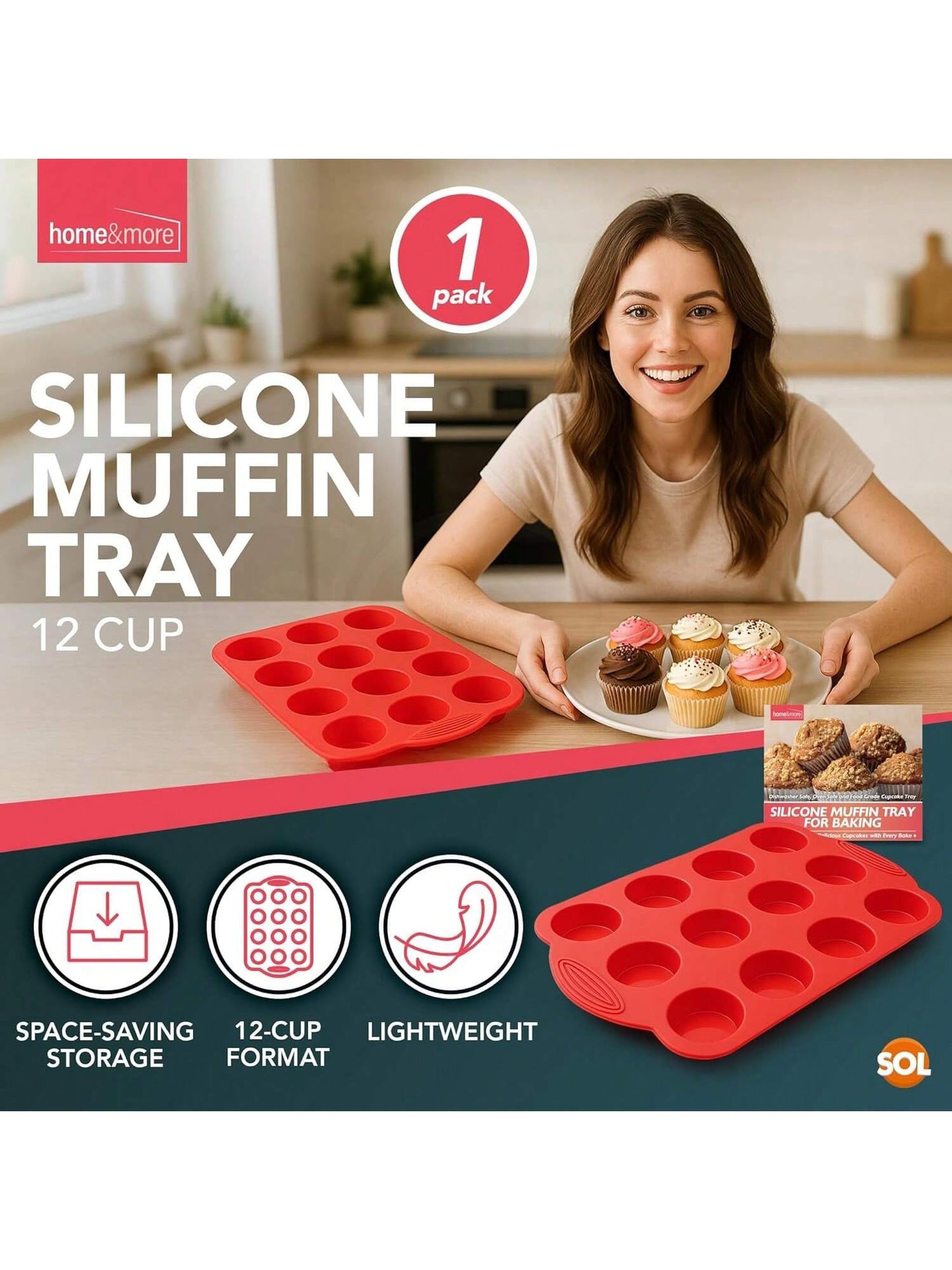 SOL 1pk Silicone Muffin Tray – 12 Cup Non-Stick Baking Mould For Cupcakes, Fairy Cakes, Mini Quiches & Bites – Flexible Bakeware For Oven Use, Easy Release & Quick Clean-Up