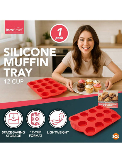 SOL 1pk Silicone Muffin Tray – 12 Cup Non-Stick Baking Mould For Cupcakes, Fairy Cakes, Mini Quiches & Bites – Flexible Bakeware For Oven Use, Easy Release & Quick Clean-Up