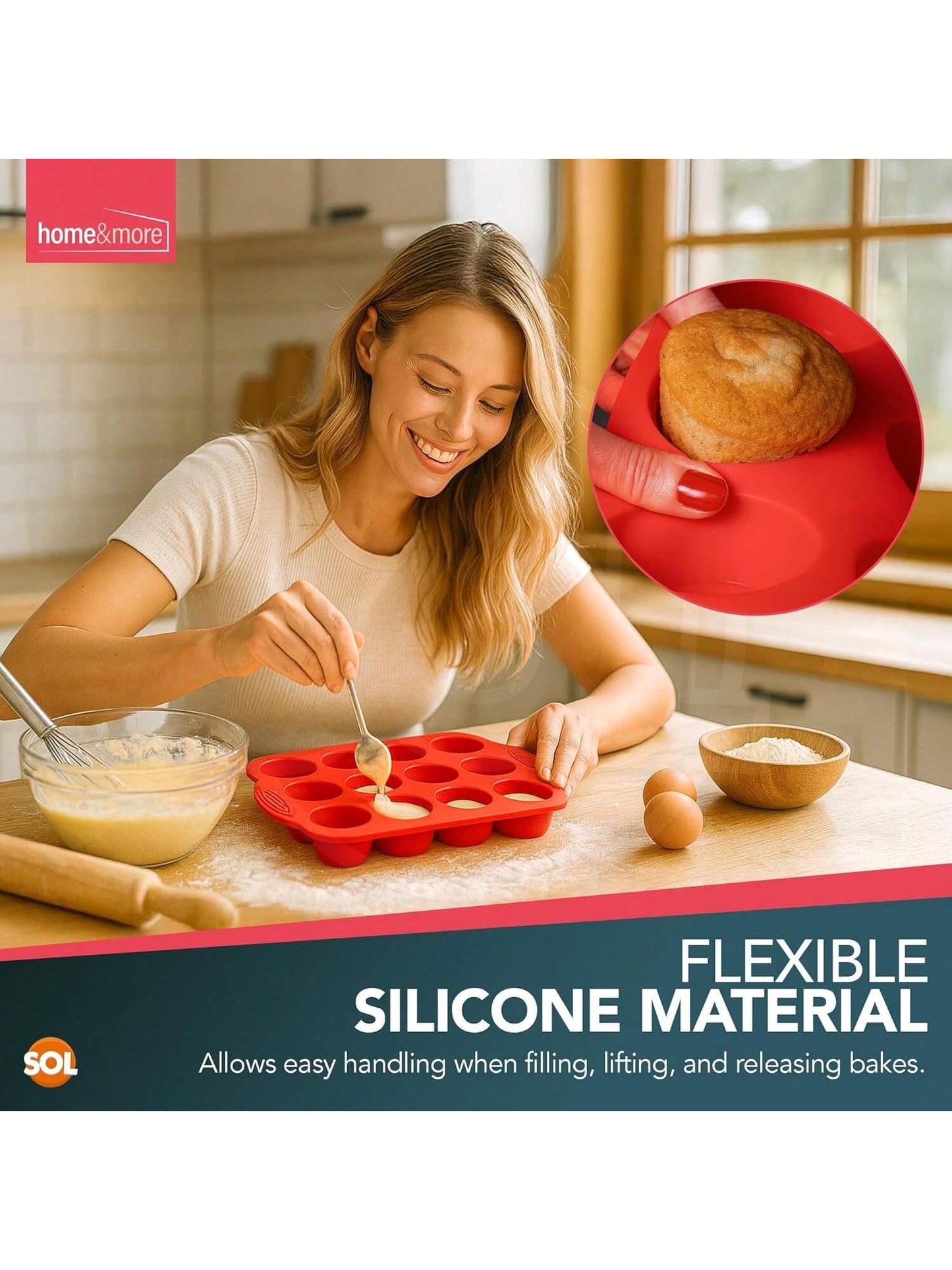 SOL 1pk Silicone Muffin Tray – 12 Cup Non-Stick Baking Mould For Cupcakes, Fairy Cakes, Mini Quiches & Bites – Flexible Bakeware For Oven Use, Easy Release & Quick Clean-Up