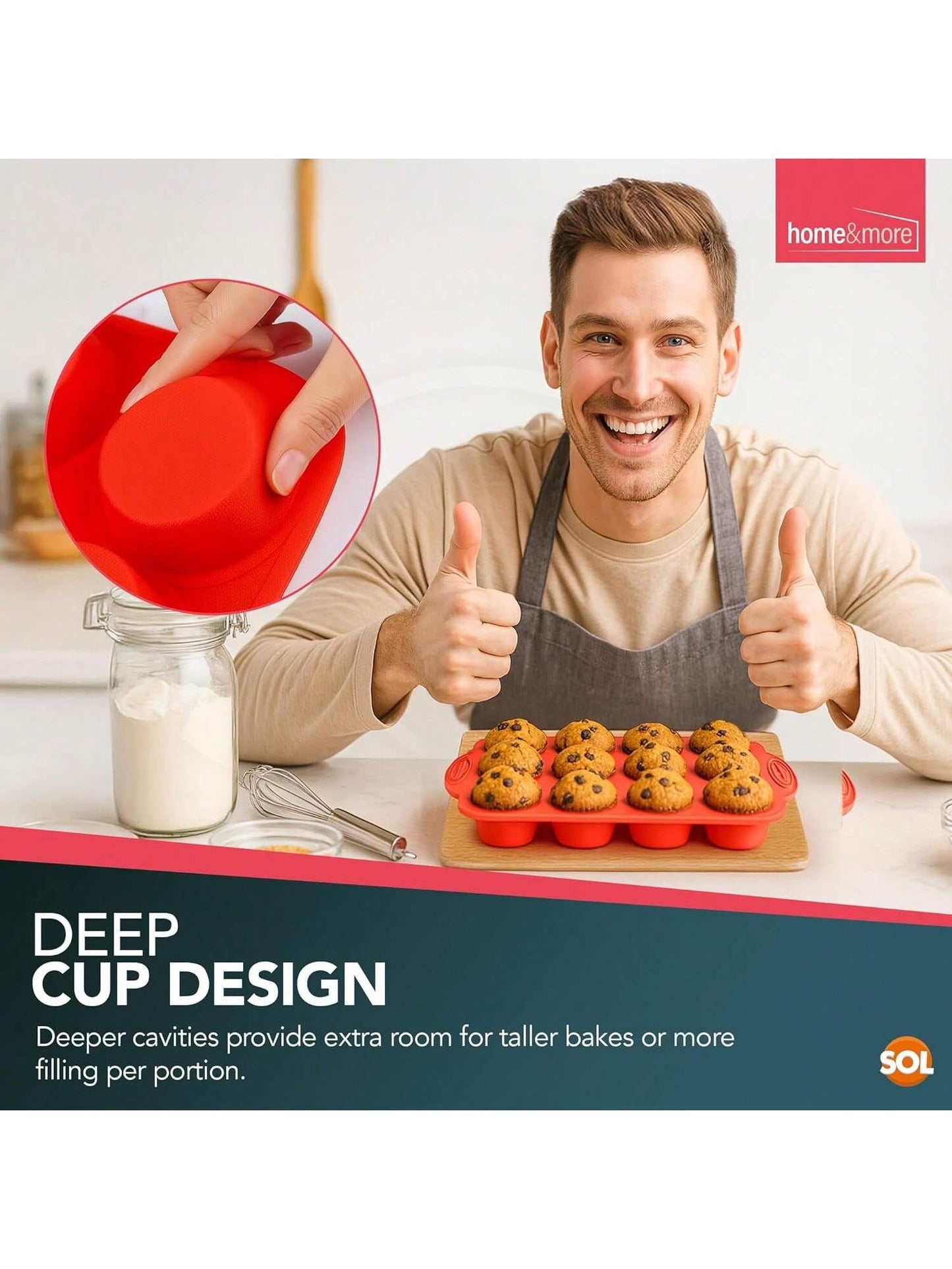 SOL 1pk Silicone Muffin Tray – 12 Cup Non-Stick Baking Mould For Cupcakes, Fairy Cakes, Mini Quiches & Bites – Flexible Bakeware For Oven Use, Easy Release & Quick Clean-Up