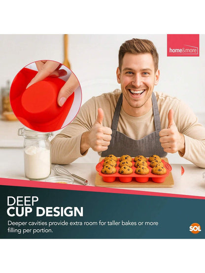 SOL 1pk Silicone Muffin Tray – 12 Cup Non-Stick Baking Mould For Cupcakes, Fairy Cakes, Mini Quiches & Bites – Flexible Bakeware For Oven Use, Easy Release & Quick Clean-Up