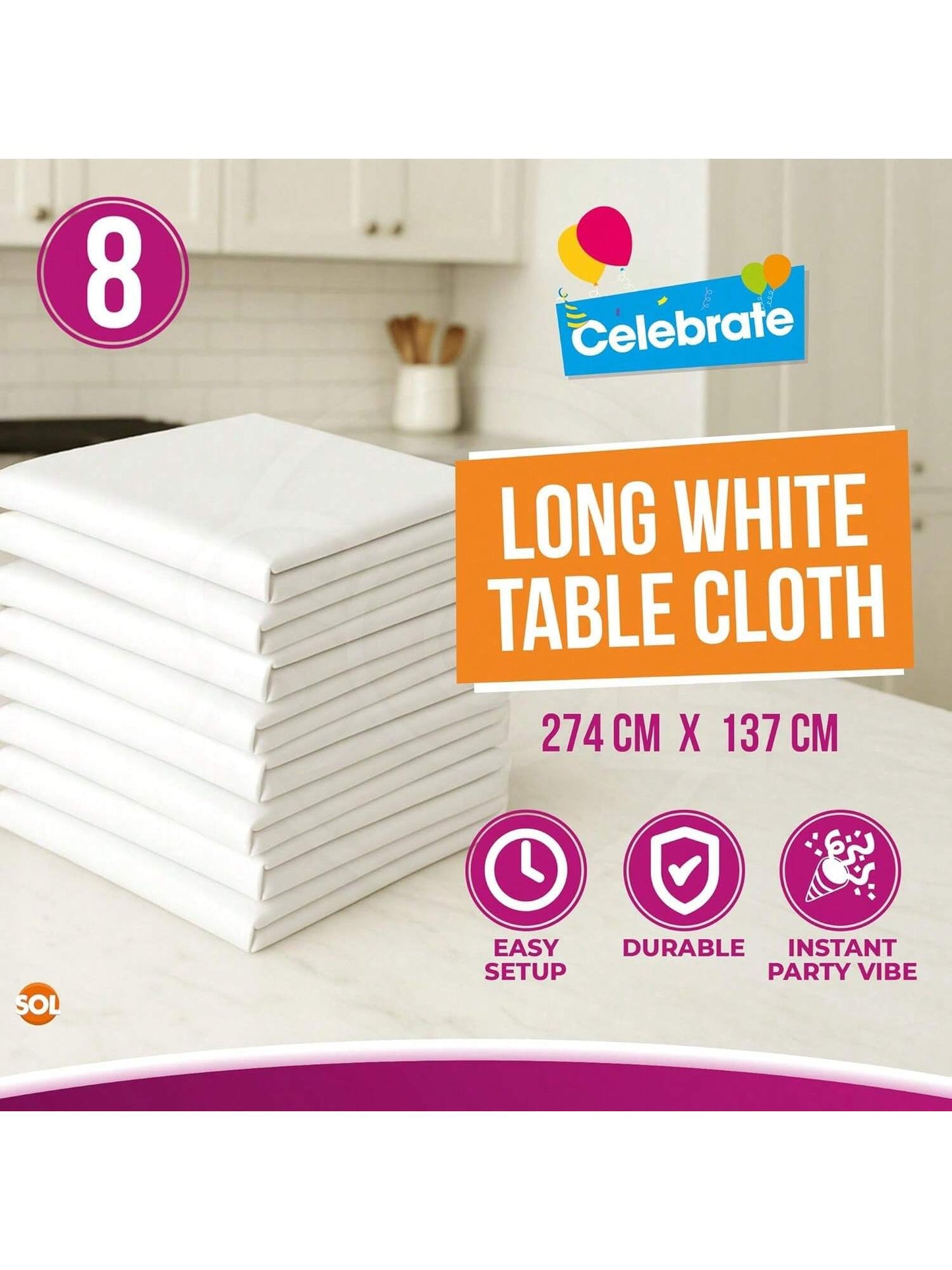 SOL 8pk Long White Table Cloth Party 274x137cm Plastic Cover Disposable Tablecloths For Parties - Heavy Duty Spill Protection - Opaque Design For Weddings, Buffets, Catering, Outdoor & Theme Events