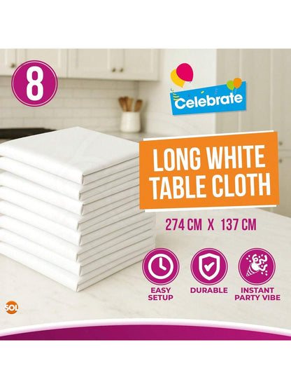SOL 8pk Long White Table Cloth Party 274x137cm Plastic Cover Disposable Tablecloths For Parties - Heavy Duty Spill Protection - Opaque Design For Weddings, Buffets, Catering, Outdoor & Theme Events