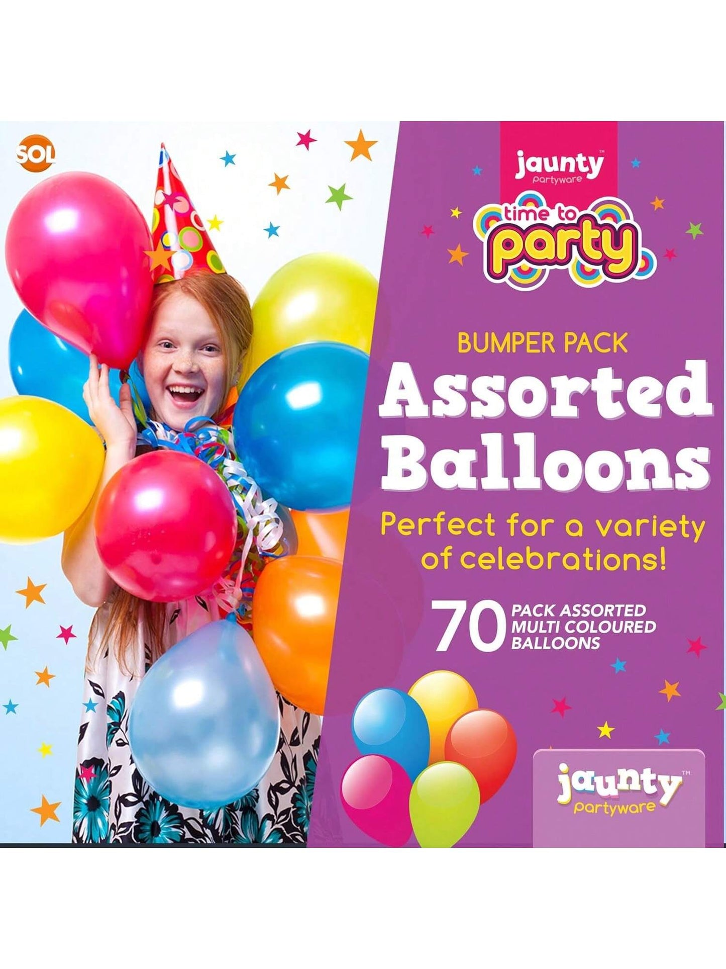 Jaunty Partyware 70pk Premium Latex Multicoloured Balloons, 10.5 Inch Size - Vibrant Party Balloon for Birthdays, Baby Showers & Kids' Parties - Ideal for Balloon Arch, Party Games & Decorations