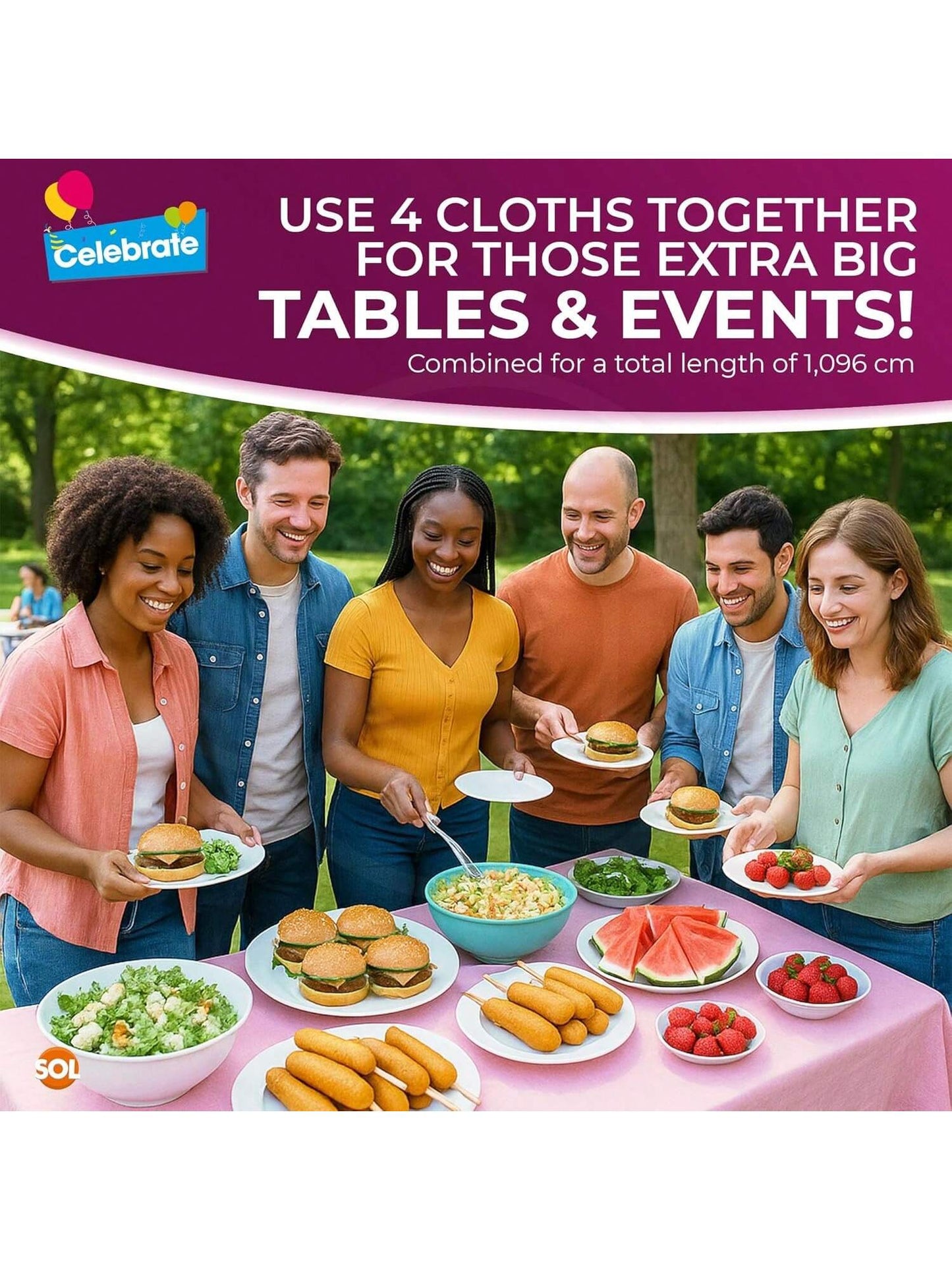 SOL 4pk Long Pink Table Cloth Party 274x137cm Plastic Cover Disposable Tablecloths For Parties - Heavy Duty Spill Protection - Opaque Design For Weddings, Buffets, Catering & Outdoor Events