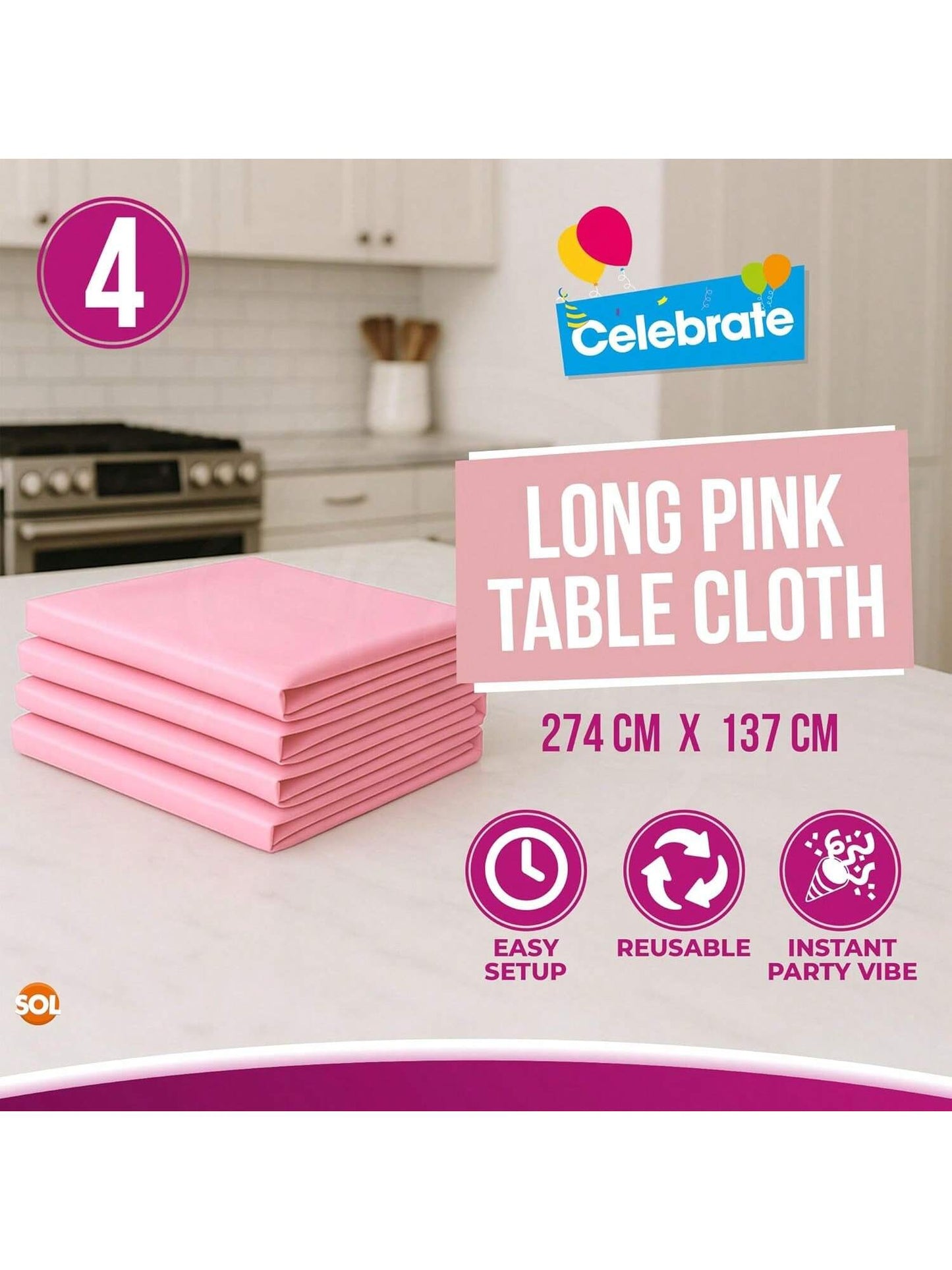 SOL 4pk Long Pink Table Cloth Party 274x137cm Plastic Cover Disposable Tablecloths For Parties - Heavy Duty Spill Protection - Opaque Design For Weddings, Buffets, Catering & Outdoor Events