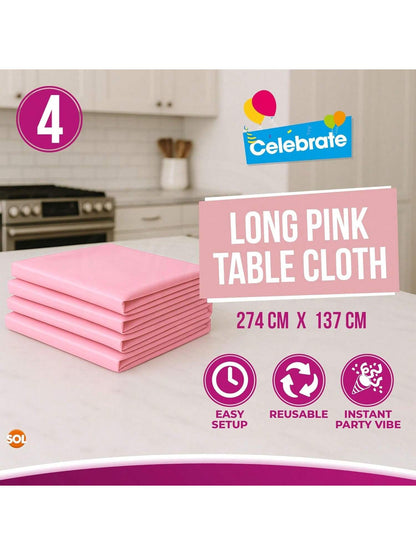 SOL 4pk Long Pink Table Cloth Party 274x137cm Plastic Cover Disposable Tablecloths For Parties - Heavy Duty Spill Protection - Opaque Design For Weddings, Buffets, Catering & Outdoor Events