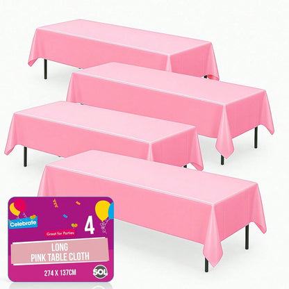 SOL 4pk Long Pink Table Cloth Party 274x137cm Plastic Cover Disposable Tablecloths For Parties - Heavy Duty Spill Protection - Opaque Design For Weddings, Buffets, Catering & Outdoor Events