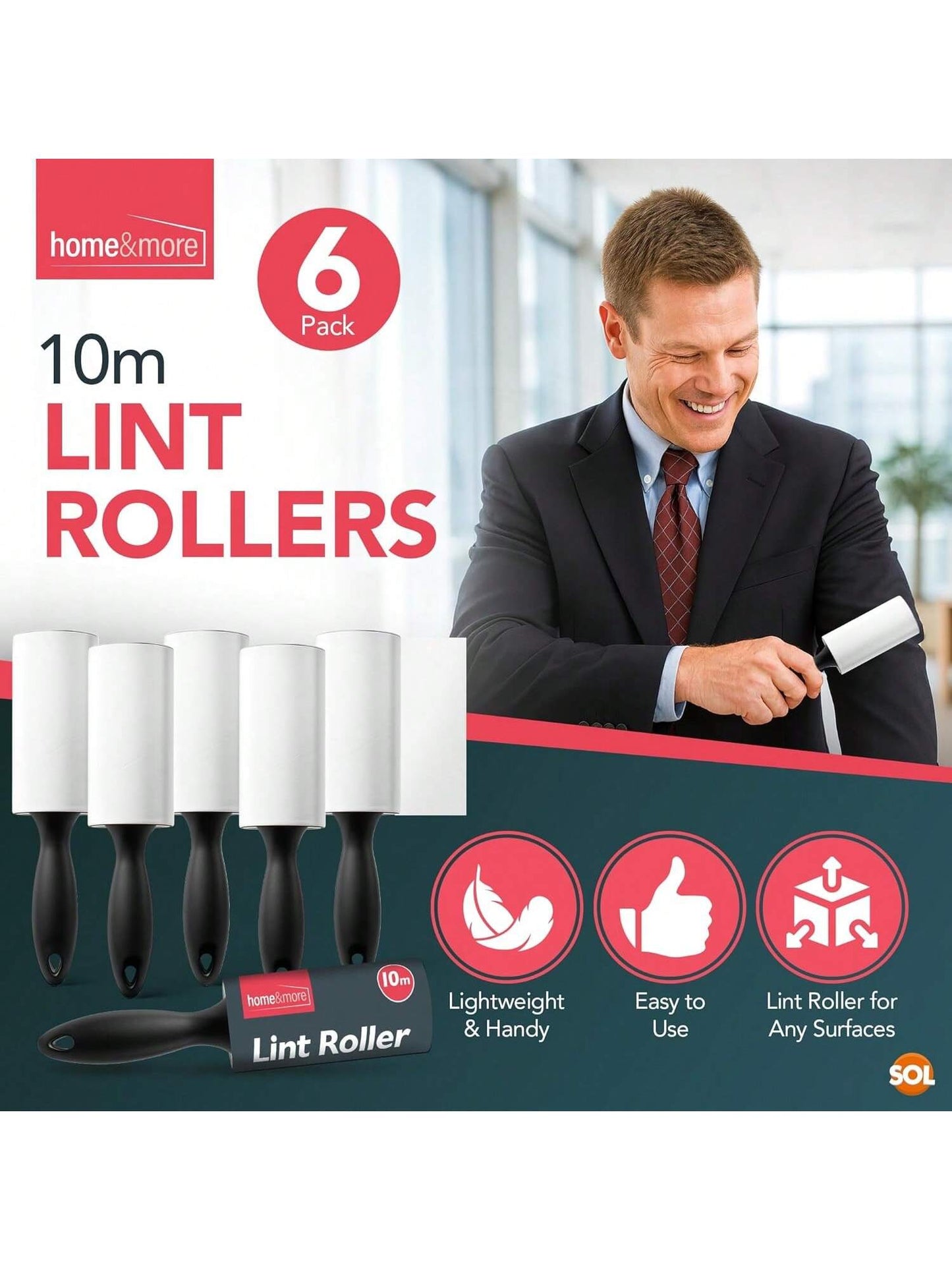 SOL 6pk 10m Lint Rollers With 396 Sticky Sheets & Handle Each - Lint Remover For Pet Hair, Carpet & Clothing, 10m Sticky Roller With Easy Tear-To Tear Sheets For Quick & Easy Cleaning
