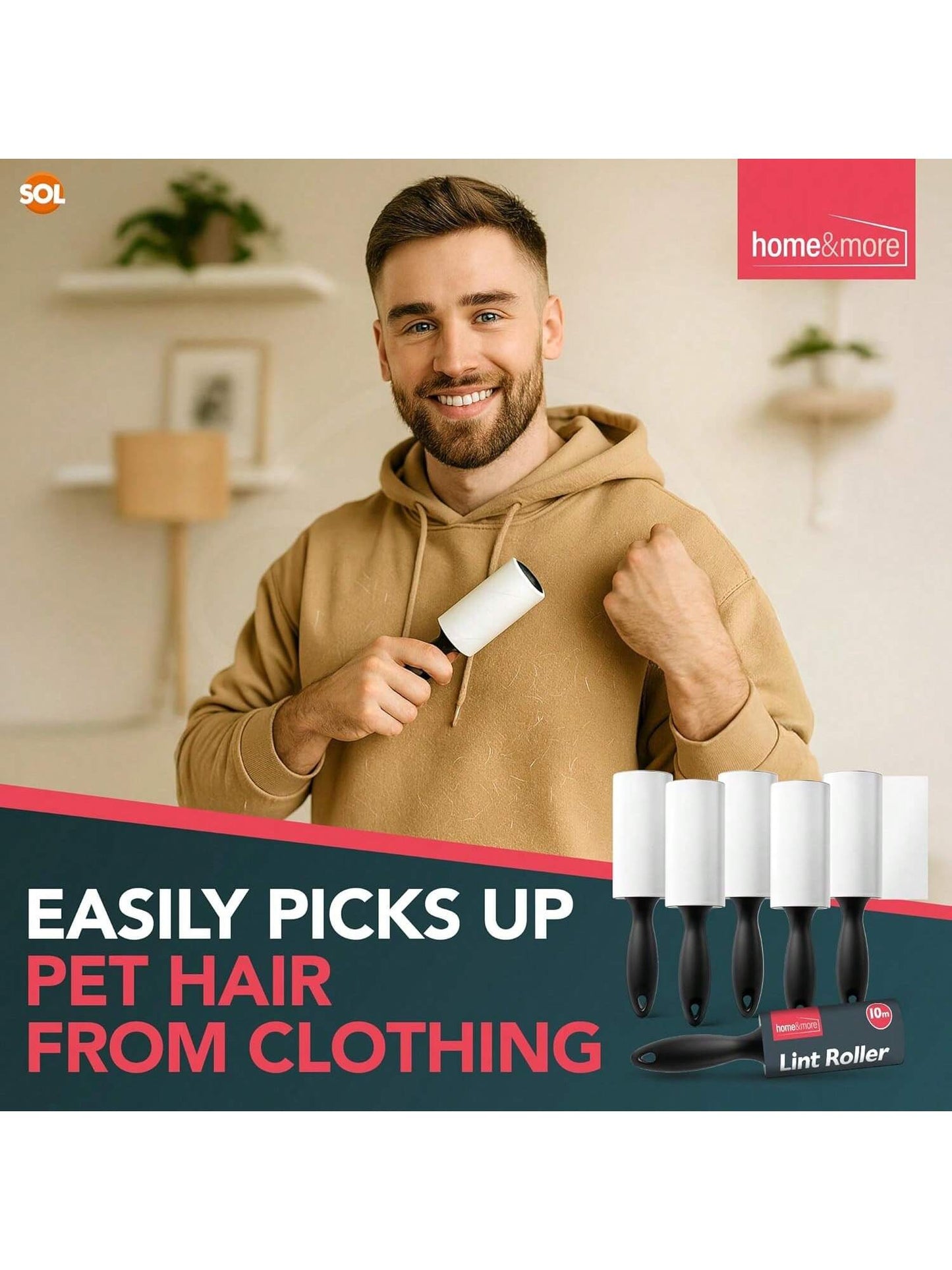 SOL 6pk 10m Lint Rollers With 396 Sticky Sheets & Handle Each - Lint Remover For Pet Hair, Carpet & Clothing, 10m Sticky Roller With Easy Tear-To Tear Sheets For Quick & Easy Cleaning