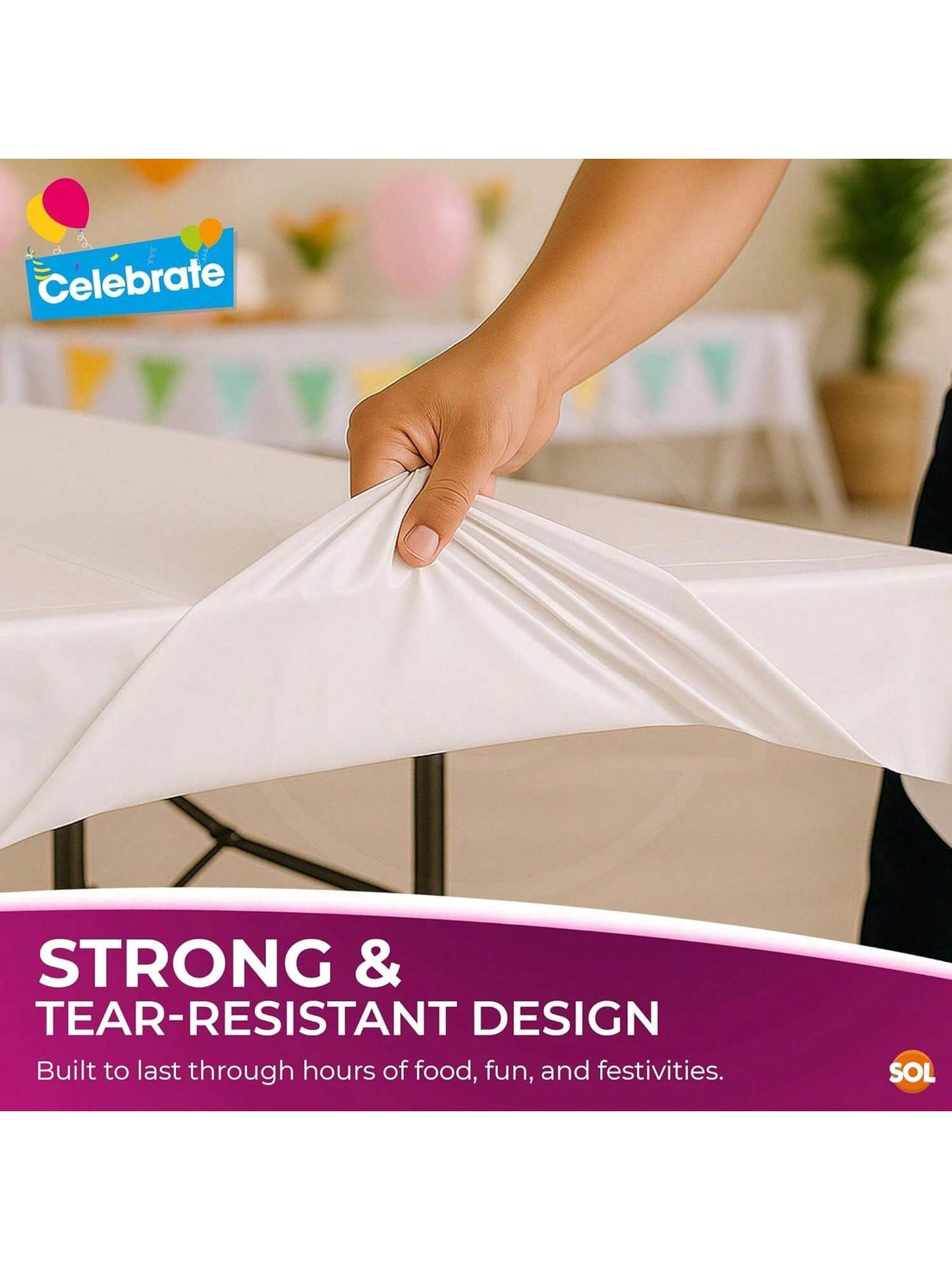 SOL 24pk White Table Cloth Party 121x121cm Plastic Cover Tablecloth Disposable For Parties - Heavy Duty Spill Protection - Opaque Design For Weddings, Buffets, Catering, Gender Reveals & Events