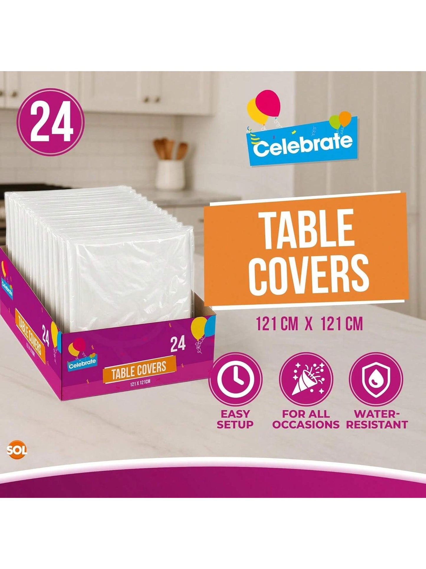 SOL 24pk White Table Cloth Party 121x121cm Plastic Cover Tablecloth Disposable For Parties - Heavy Duty Spill Protection - Opaque Design For Weddings, Buffets, Catering, Gender Reveals & Events