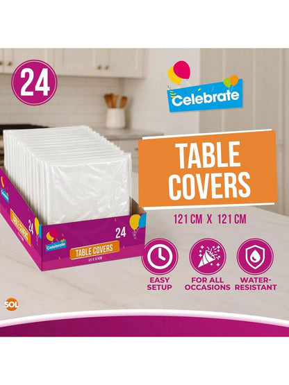 SOL 24pk White Table Cloth Party 121x121cm Plastic Cover Tablecloth Disposable For Parties - Heavy Duty Spill Protection - Opaque Design For Weddings, Buffets, Catering, Gender Reveals & Events