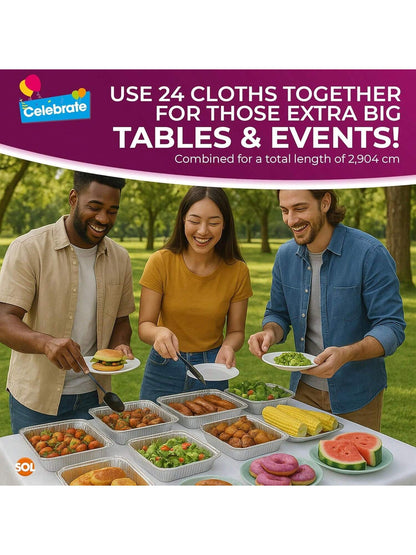 SOL 24pk White Table Cloth Party 121x121cm Plastic Cover Tablecloth Disposable For Parties - Heavy Duty Spill Protection - Opaque Design For Weddings, Buffets, Catering, Gender Reveals & Events