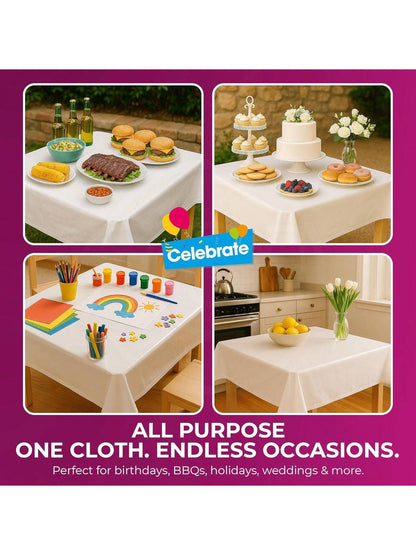 SOL 24pk White Table Cloth Party 121x121cm Plastic Cover Tablecloth Disposable For Parties - Heavy Duty Spill Protection - Opaque Design For Weddings, Buffets, Catering, Gender Reveals & Events