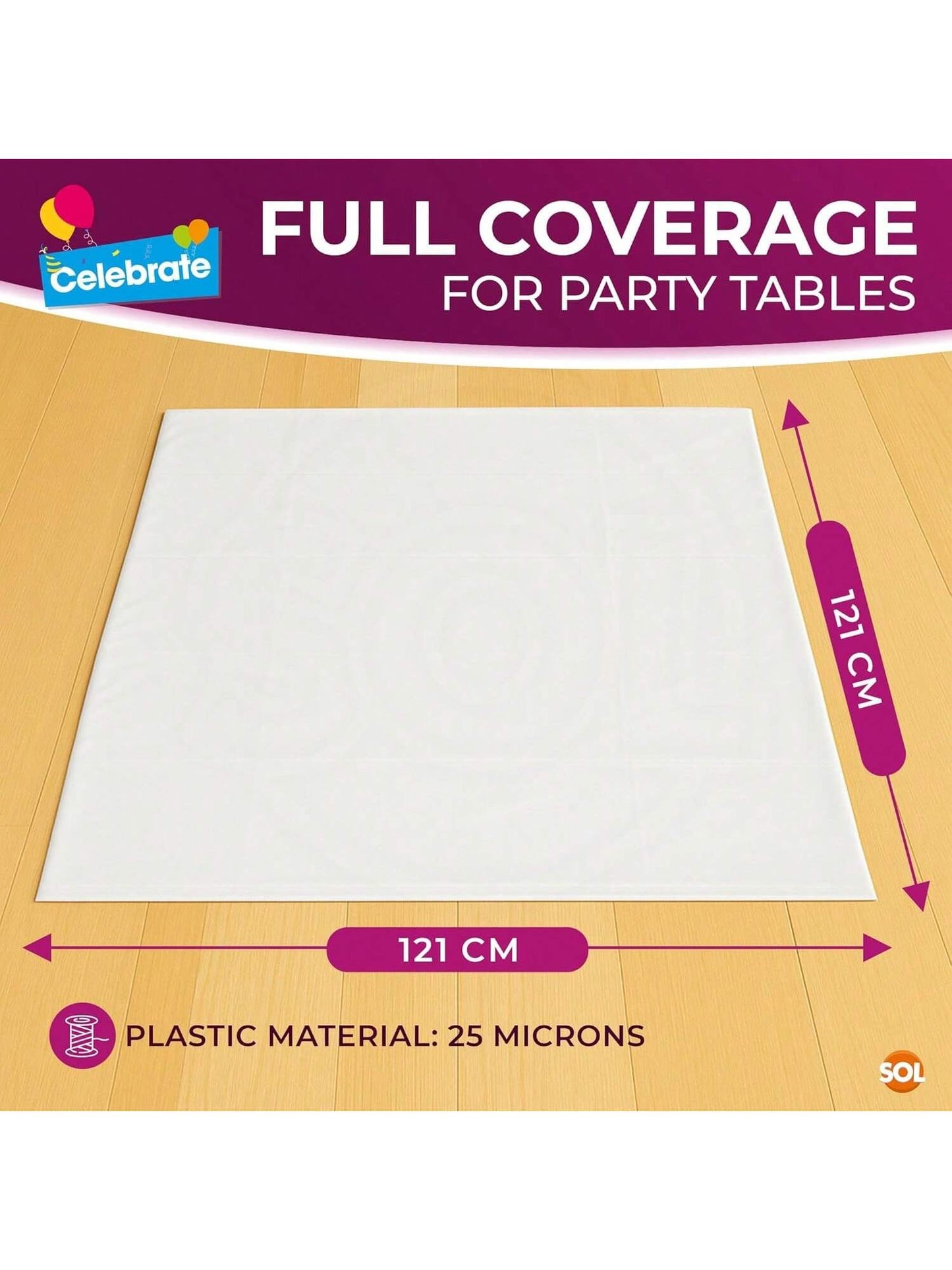 SOL 24pk White Table Cloth Party 121x121cm Plastic Cover Tablecloth Disposable For Parties - Heavy Duty Spill Protection - Opaque Design For Weddings, Buffets, Catering, Gender Reveals & Events