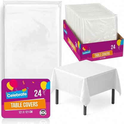 SOL 24pk White Table Cloth Party 121x121cm Plastic Cover Tablecloth Disposable For Parties - Heavy Duty Spill Protection - Opaque Design For Weddings, Buffets, Catering, Gender Reveals & Events