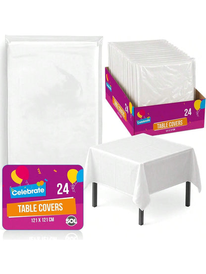 SOL 24pk White Table Cloth Party 121x121cm Plastic Cover Tablecloth Disposable For Parties - Heavy Duty Spill Protection - Opaque Design For Weddings, Buffets, Catering, Gender Reveals & Events