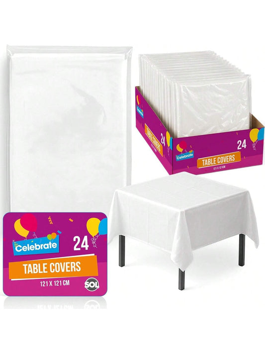 SOL 24pk White Table Cloth Party 121x121cm Plastic Cover Tablecloth Disposable For Parties - Heavy Duty Spill Protection - Opaque Design For Weddings, Buffets, Catering, Gender Reveals & Events