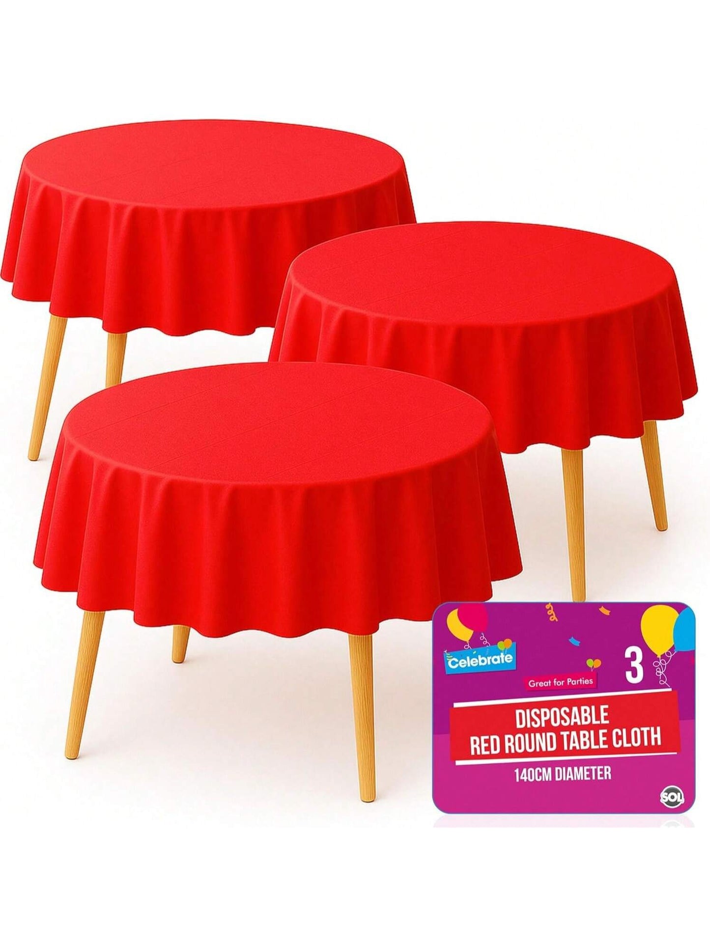 SOL 3pk Red Round Table Cloth Disposable 140cm Party Tablecloths For Circular Table Cloth Cover - Durable Spill Protection - Perfect For Weddings, Buffets, Catering, Restaurants & Special Events