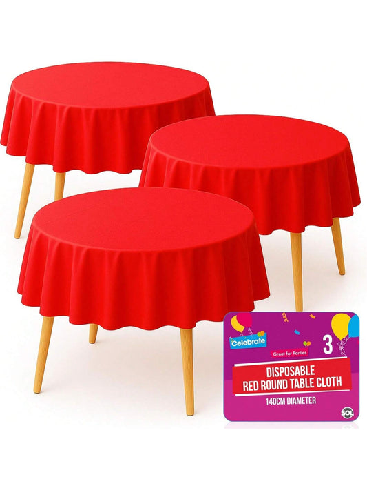 SOL 3pk Red Round Table Cloth Disposable 140cm Party Tablecloths For Circular Table Cloth Cover - Durable Spill Protection - Perfect For Weddings, Buffets, Catering, Restaurants & Special Events