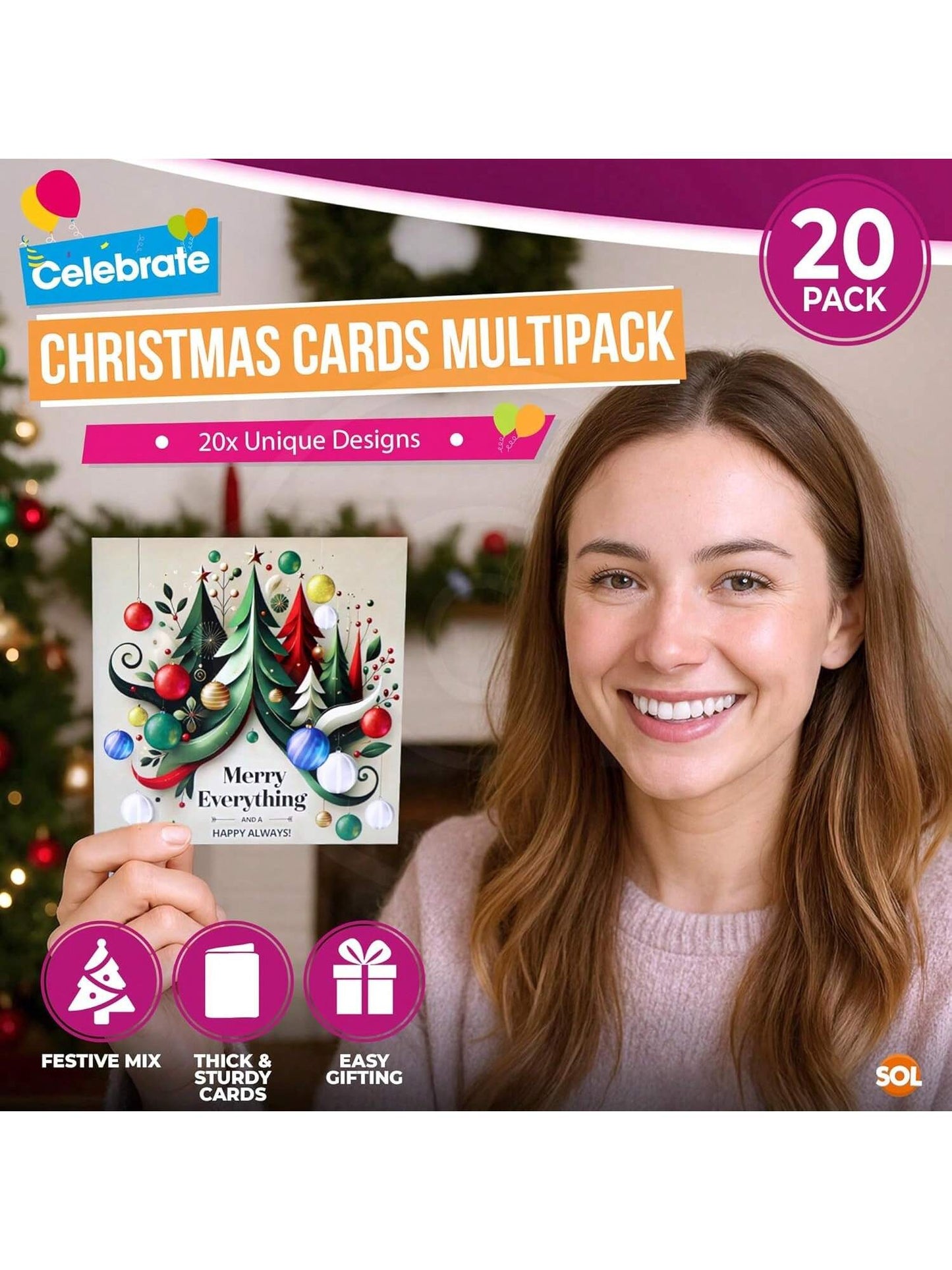SOL 20pk Christmas Cards 2025 Multipack With Envelopes & Stickers - Santa, Gingerbread, Polar Bears Xmas Designs In Vibrant Colours Thick Premium Card Variety Pack - Easy Gifting For All