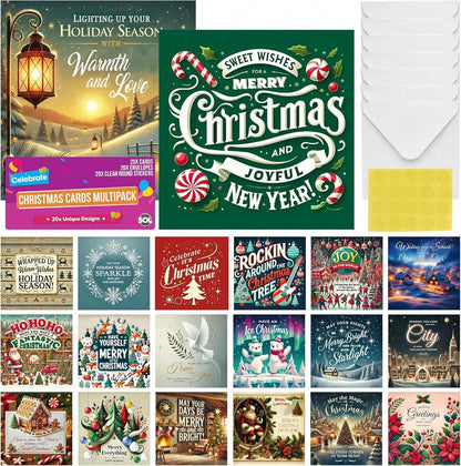 SOL 20pk Christmas Cards 2025 Multipack With Envelopes & Stickers - Santa, Gingerbread, Polar Bears Xmas Designs In Vibrant Colours Thick Premium Card Variety Pack - Easy Gifting For All