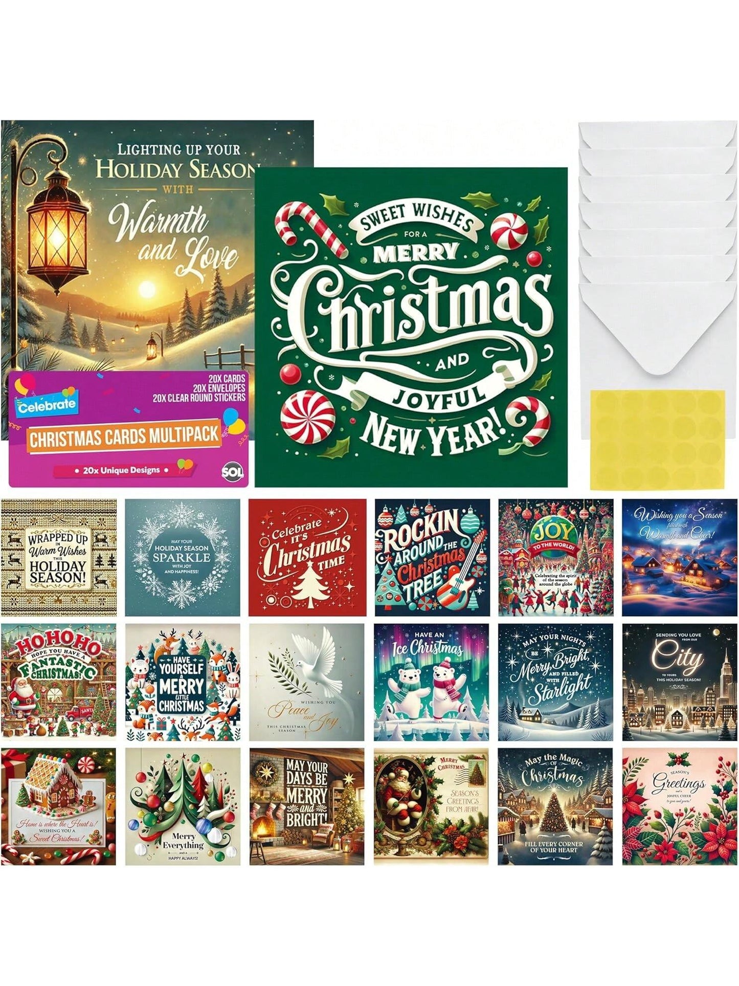 SOL 20pk Christmas Cards 2025 Multipack With Envelopes & Stickers - Santa, Gingerbread, Polar Bears Xmas Designs In Vibrant Colours Thick Premium Card Variety Pack - Easy Gifting For All