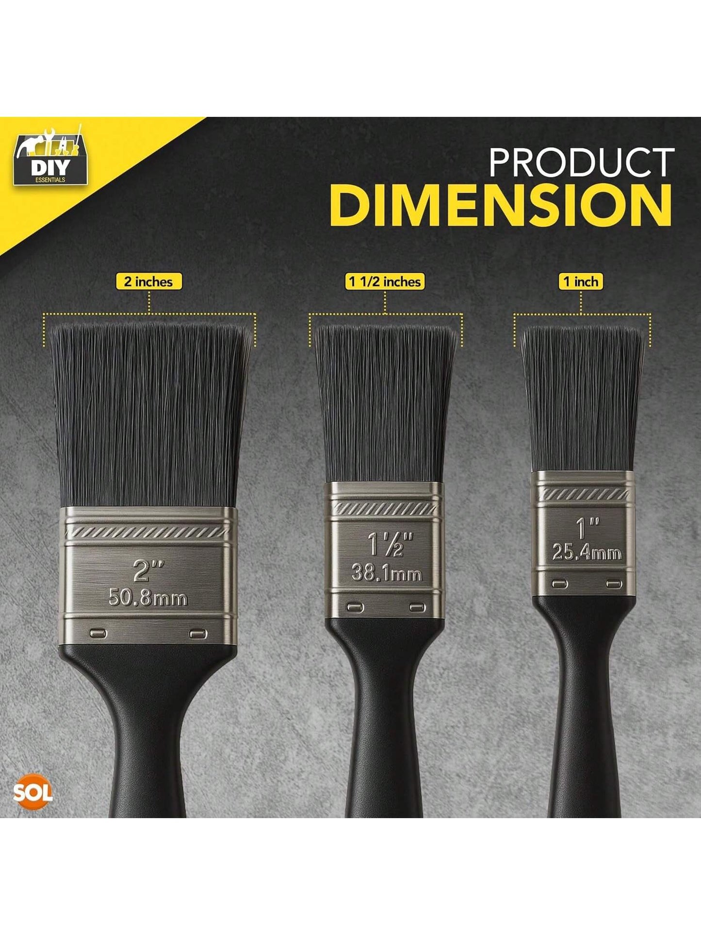 SOL 3pk Paint Brushes Set - 1", 1.5", 2" Paint Brushes Decorating Set - Ideal For DIY - Multipurpose, Interior And Exterior Painting, No Bristle Loss, Wood Wall Ceiling Cutting