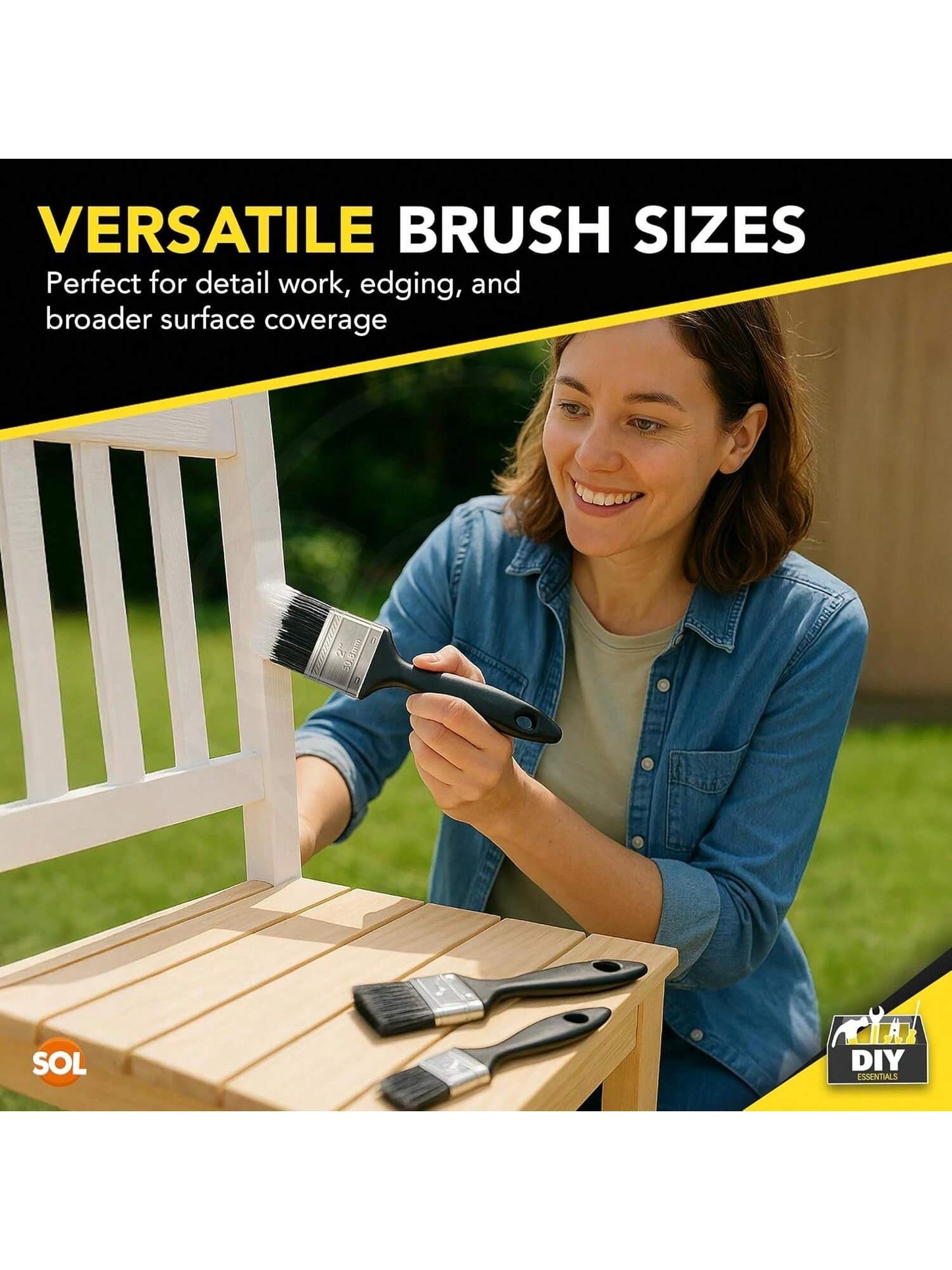 SOL 3pk Paint Brushes Set - 1", 1.5", 2" Paint Brushes Decorating Set - Ideal For DIY - Multipurpose, Interior And Exterior Painting, No Bristle Loss, Wood Wall Ceiling Cutting