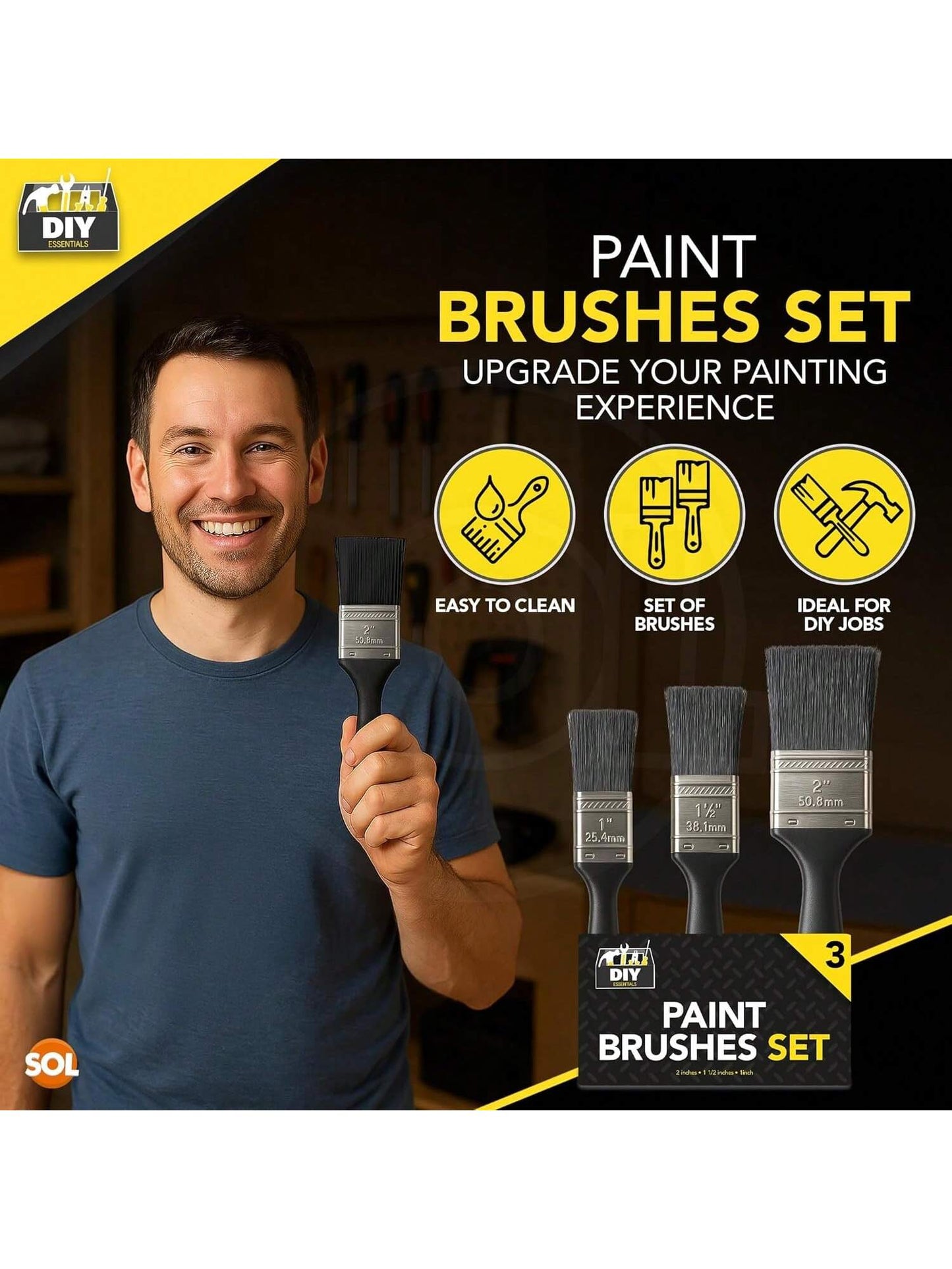 SOL 3pk Paint Brushes Set - 1", 1.5", 2" Paint Brushes Decorating Set - Ideal For DIY - Multipurpose, Interior And Exterior Painting, No Bristle Loss, Wood Wall Ceiling Cutting