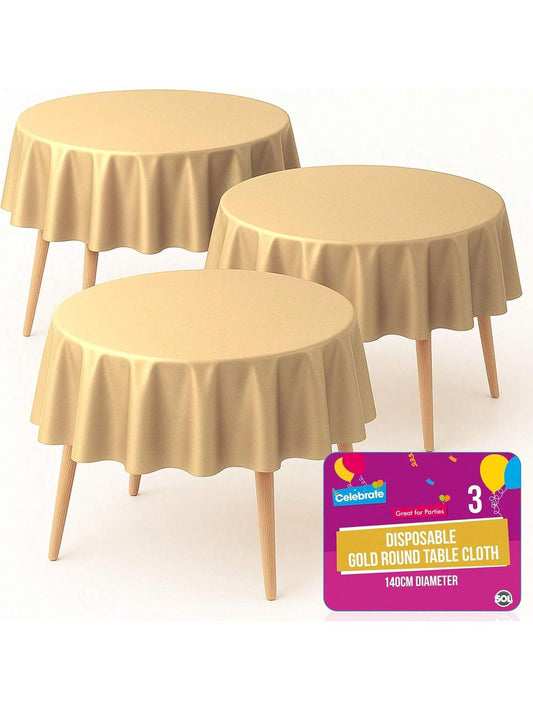 SOL 3pk Gold Round Table Cloth Disposable 140cm Party Tablecloths For Circular Table Cloth Cover - Durable Spill Protection - Perfect For Weddings, Buffets, Catering, Restaurants & Special Events