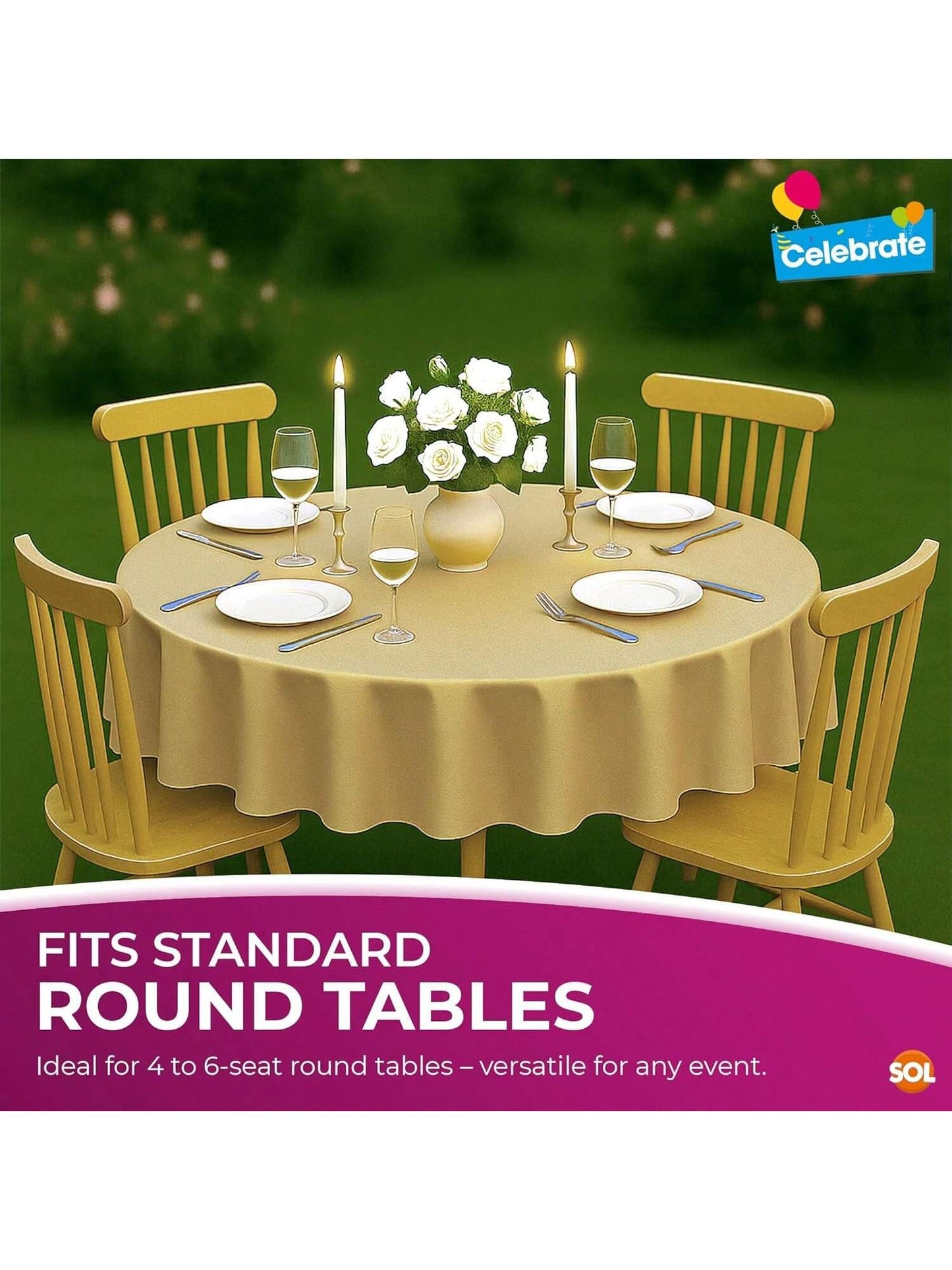 SOL 3pk Gold Round Table Cloth Disposable 140cm Party Tablecloths For Circular Table Cloth Cover - Durable Spill Protection - Perfect For Weddings, Buffets, Catering, Restaurants & Special Events