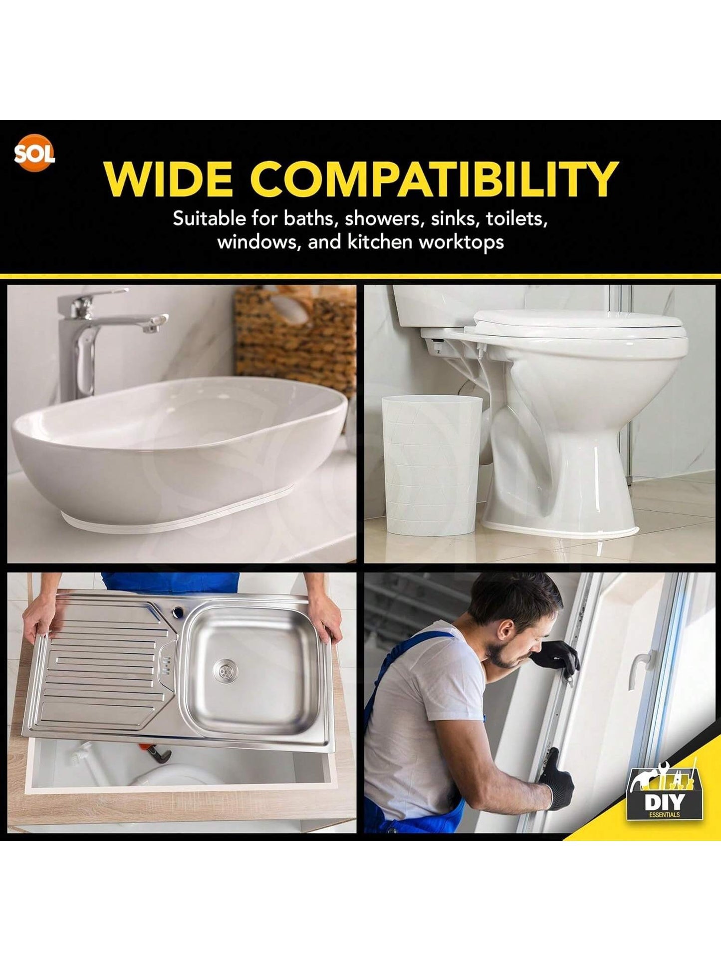 SOL 7m Roll Universal Sealing Tape For Home & Bathroom – Waterproof Shower Seal Strip – White Bathroom Sealant – Self-Adhesive Caulk Tape For Bathtubs, Sinks & Kitchen Counters