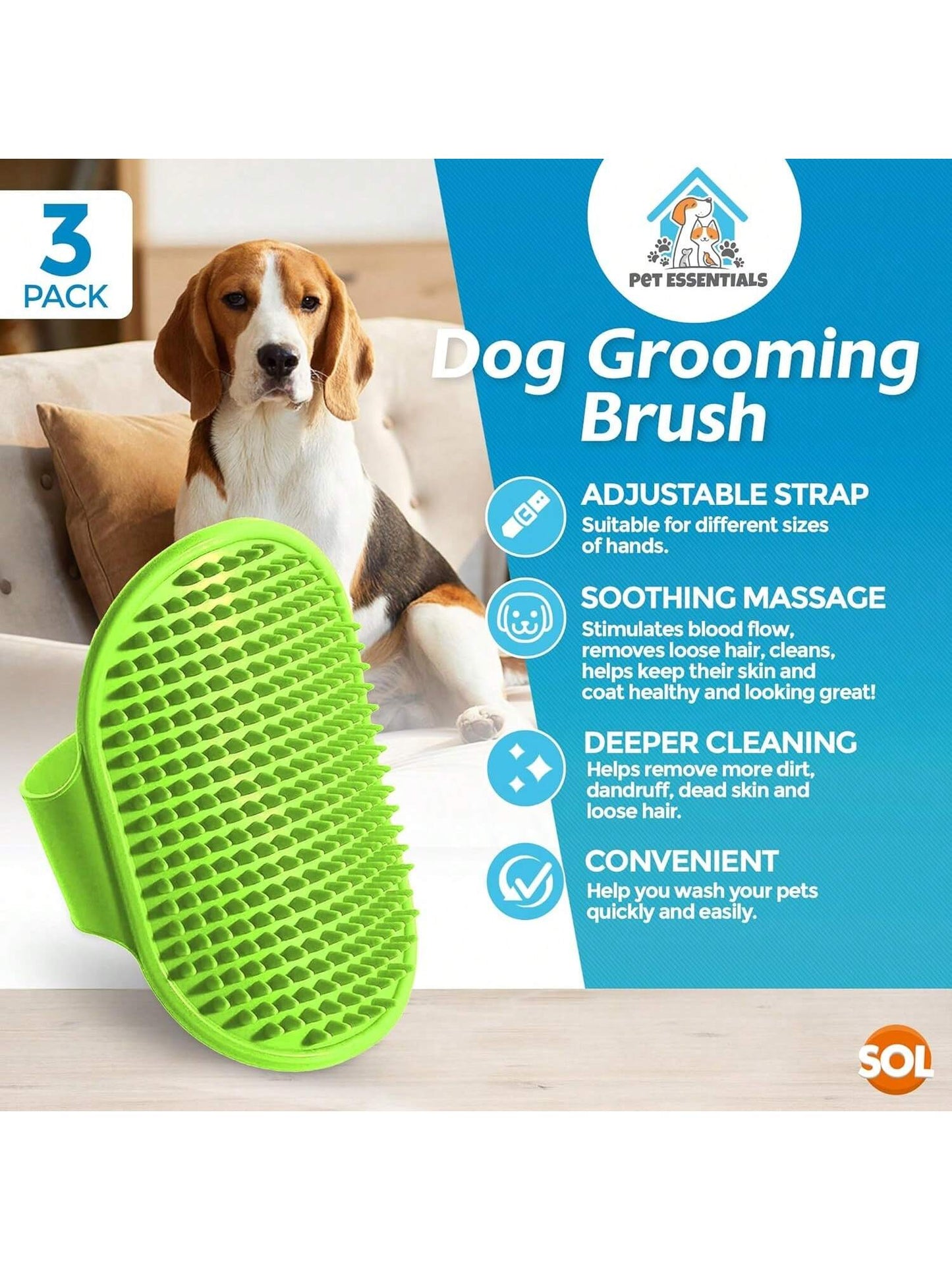 SOL 2pk Dog Grooming Brush For Pets, 12.5 X 8.6cm Soft Silicone Bristle Dog & Puppy Brush, Hand Strap Design For Secure & Comfortable Use, Lightweight, Easy To Handle & Clean, Ideal For Massage & Bath