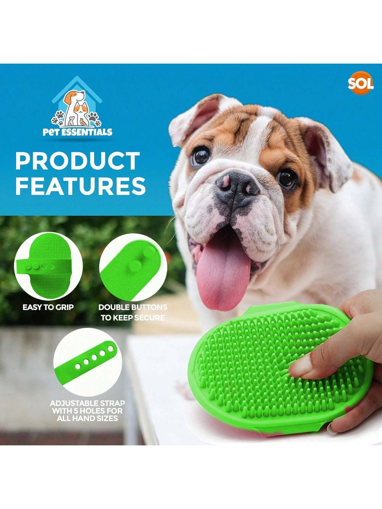 SOL 2pk Dog Grooming Brush For Pets, 12.5 X 8.6cm Soft Silicone Bristle Dog & Puppy Brush, Hand Strap Design For Secure & Comfortable Use, Lightweight, Easy To Handle & Clean, Ideal For Massage & Bath