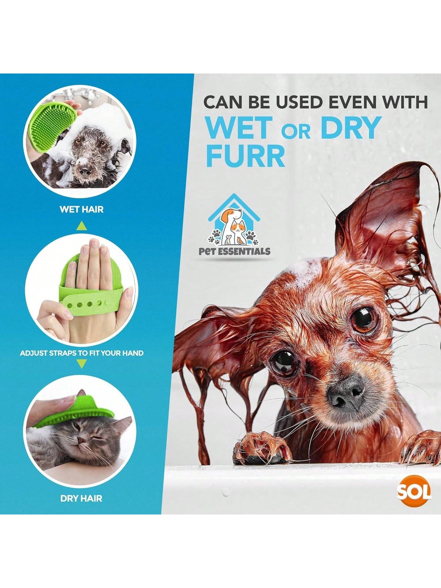 SOL 2pk Dog Grooming Brush For Pets, 12.5 X 8.6cm Soft Silicone Bristle Dog & Puppy Brush, Hand Strap Design For Secure & Comfortable Use, Lightweight, Easy To Handle & Clean, Ideal For Massage & Bath