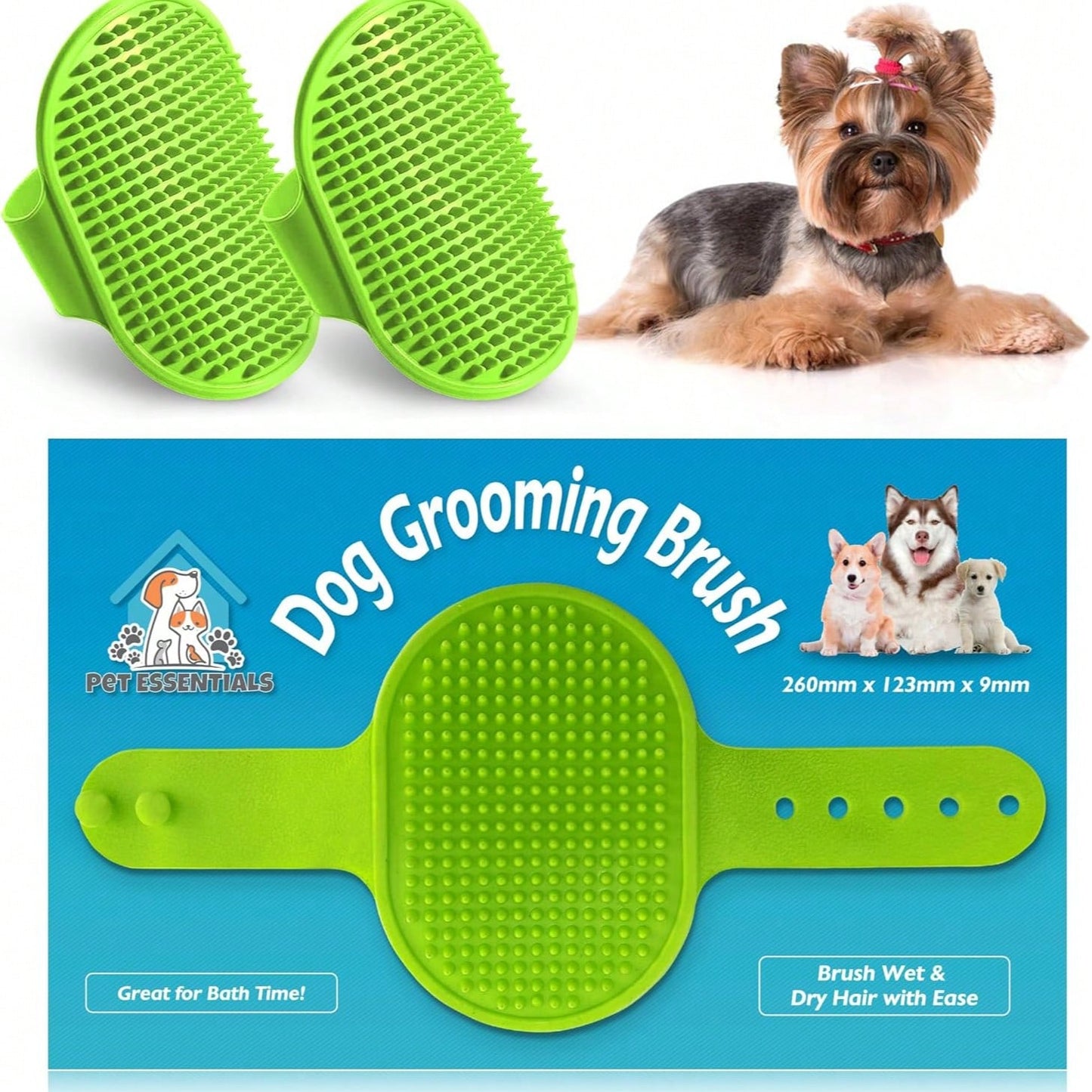 SOL 2pk Dog Grooming Brush For Pets, 12.5 X 8.6cm Soft Silicone Bristle Dog & Puppy Brush, Hand Strap Design For Secure & Comfortable Use, Lightweight, Easy To Handle & Clean, Ideal For Massage & Bath