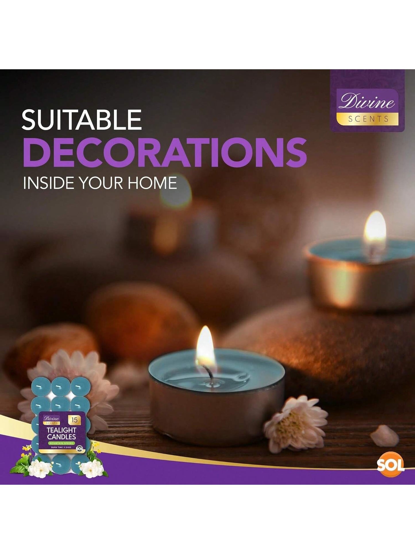 SOL 15pk Tea Light Candles Mountain Spring – 3.5 Hour Burn Time, Scented Tea Lights With A Refreshing Fragrance - Ideal For Home, Relaxation, Romantic Dinners, Weddings, Festive Decor, Cosy Evenings