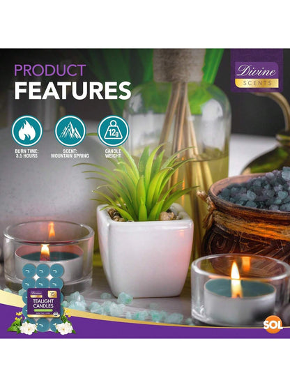 SOL 15pk Tea Light Candles Mountain Spring – 3.5 Hour Burn Time, Scented Tea Lights With A Refreshing Fragrance - Ideal For Home, Relaxation, Romantic Dinners, Weddings, Festive Decor, Cosy Evenings