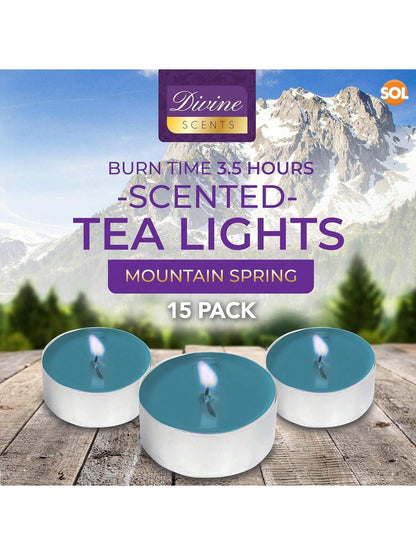 SOL 15pk Tea Light Candles Mountain Spring – 3.5 Hour Burn Time, Scented Tea Lights With A Refreshing Fragrance - Ideal For Home, Relaxation, Romantic Dinners, Weddings, Festive Decor, Cosy Evenings