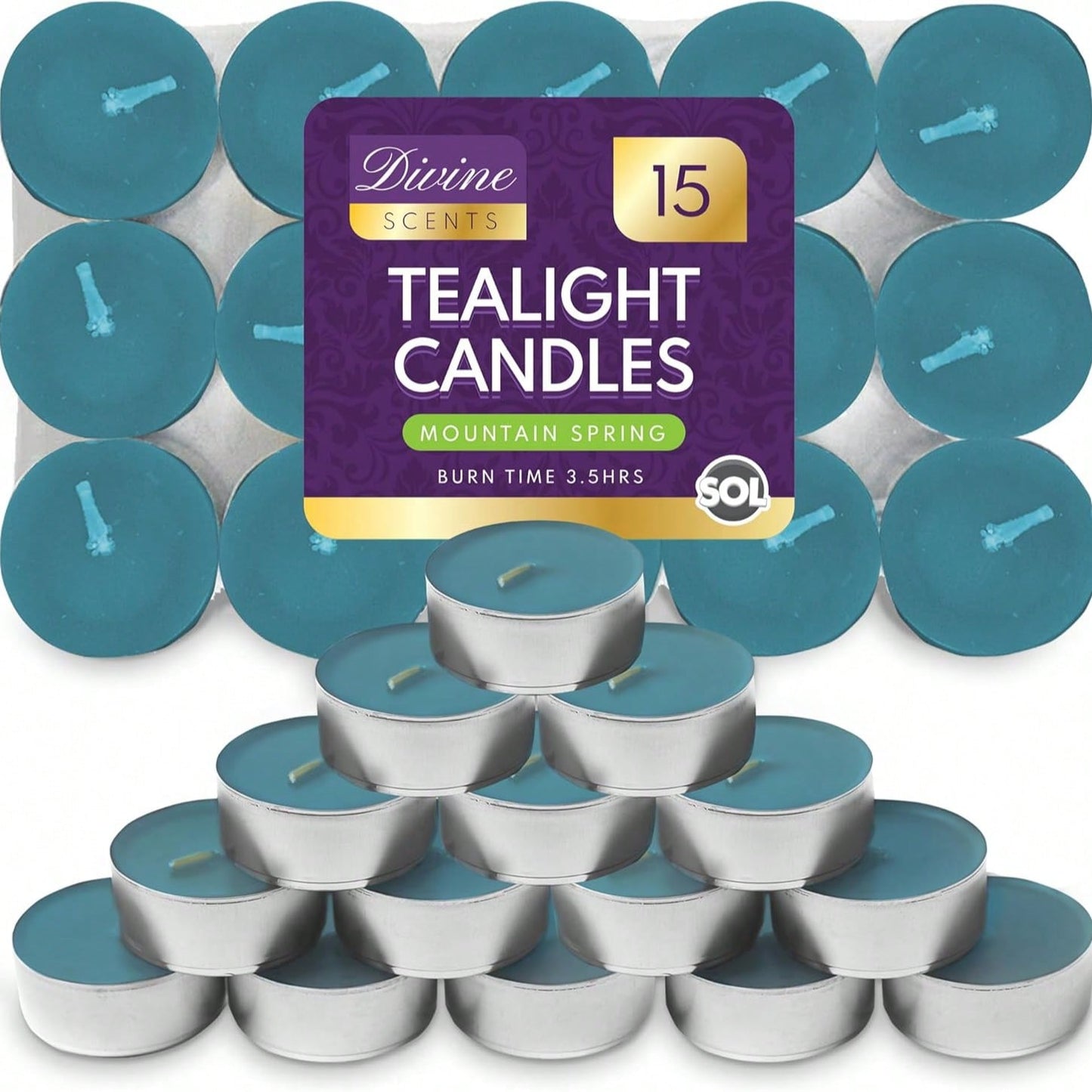 SOL 15pk Tea Light Candles Mountain Spring – 3.5 Hour Burn Time, Scented Tea Lights With A Refreshing Fragrance - Ideal For Home, Relaxation, Romantic Dinners, Weddings, Festive Decor, Cosy Evenings