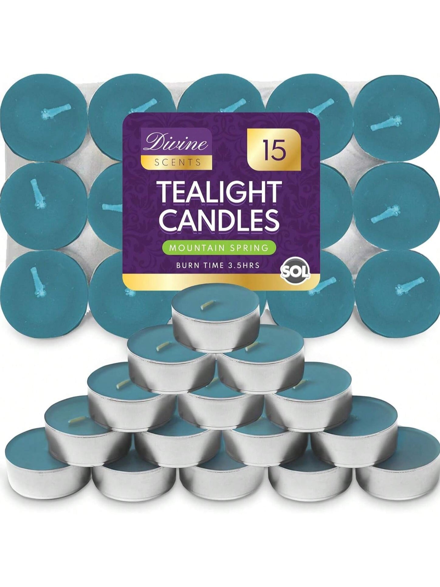SOL 15pk Tea Light Candles Mountain Spring – 3.5 Hour Burn Time, Scented Tea Lights With A Refreshing Fragrance - Ideal For Home, Relaxation, Romantic Dinners, Weddings, Festive Decor, Cosy Evenings