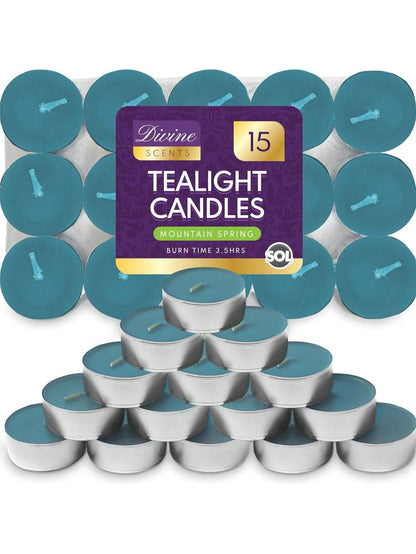 SOL 15pk Tea Light Candles Mountain Spring – 3.5 Hour Burn Time, Scented Tea Lights With A Refreshing Fragrance - Ideal For Home, Relaxation, Romantic Dinners, Weddings, Festive Decor, Cosy Evenings