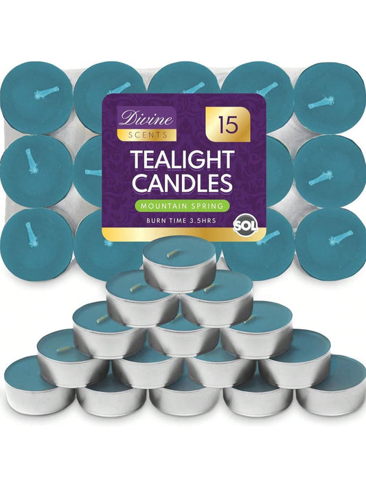 SOL 15pk Tea Light Candles Mountain Spring – 3.5 Hour Burn Time, Scented Tea Lights With A Refreshing Fragrance - Ideal For Home, Relaxation, Romantic Dinners, Weddings, Festive Decor, Cosy Evenings